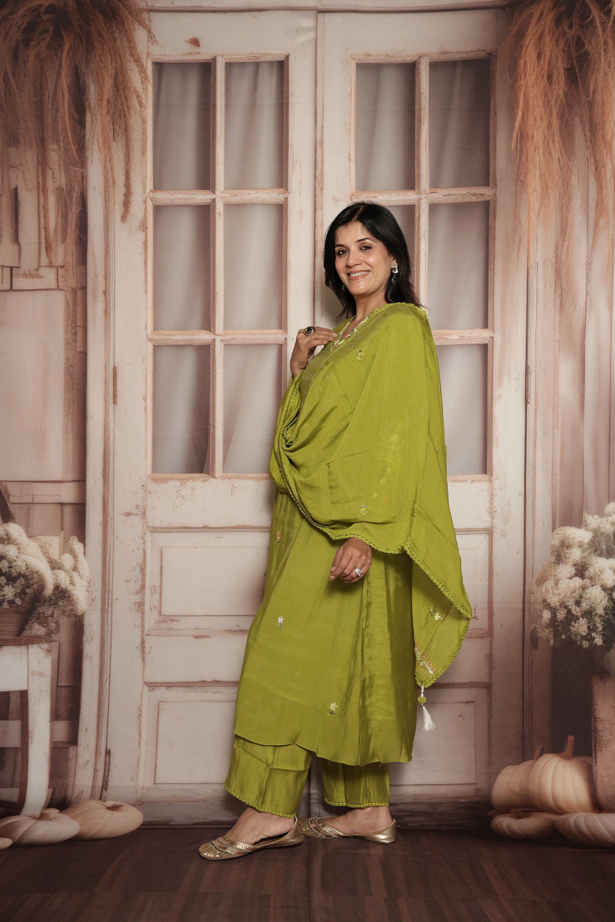 Pear Green A-Line Kurta Dupatta Set | Elegant Thread Embroidery