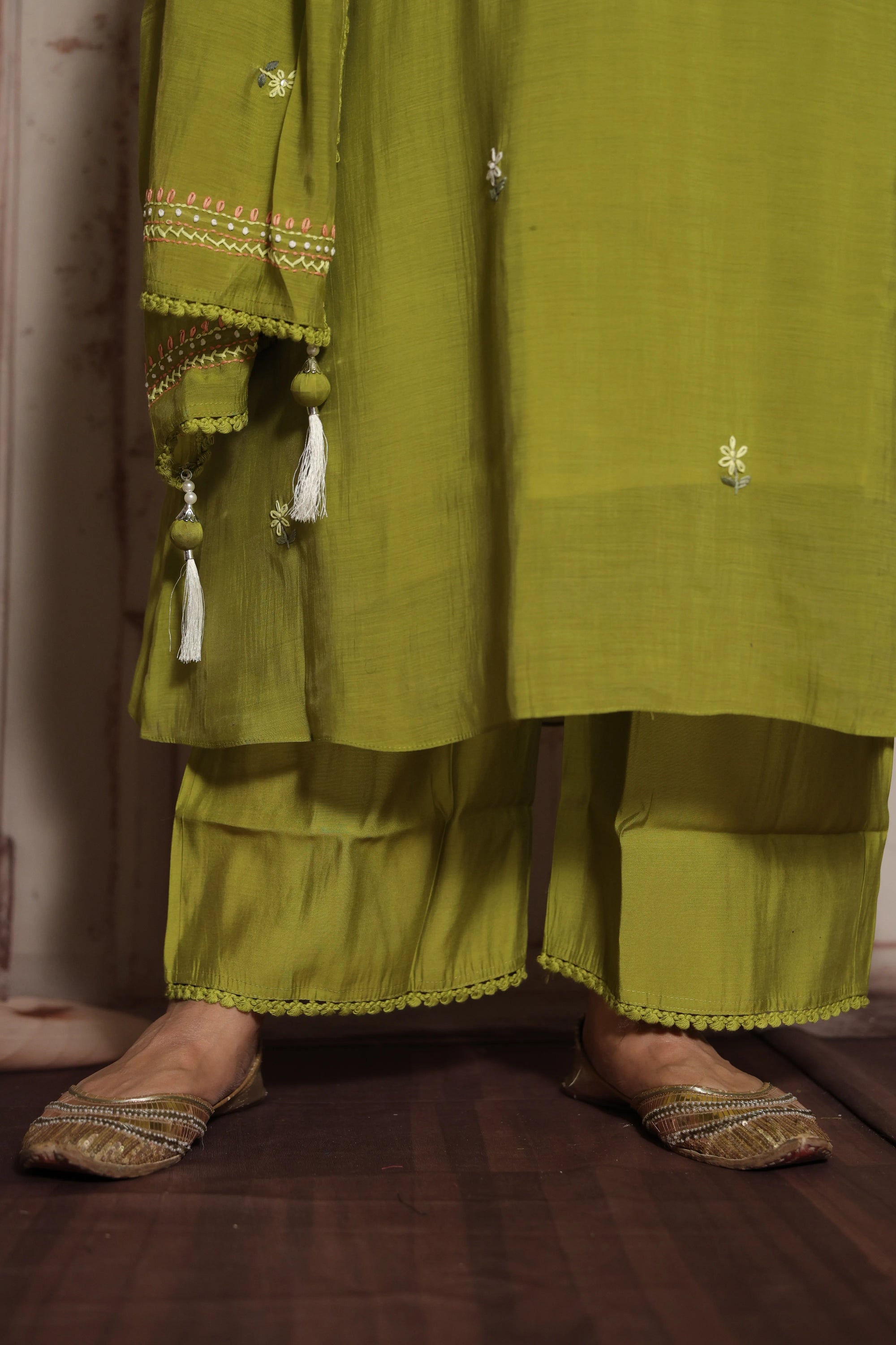 Pear Green A-Line Kurta Dupatta Set | Elegant Thread Embroidery