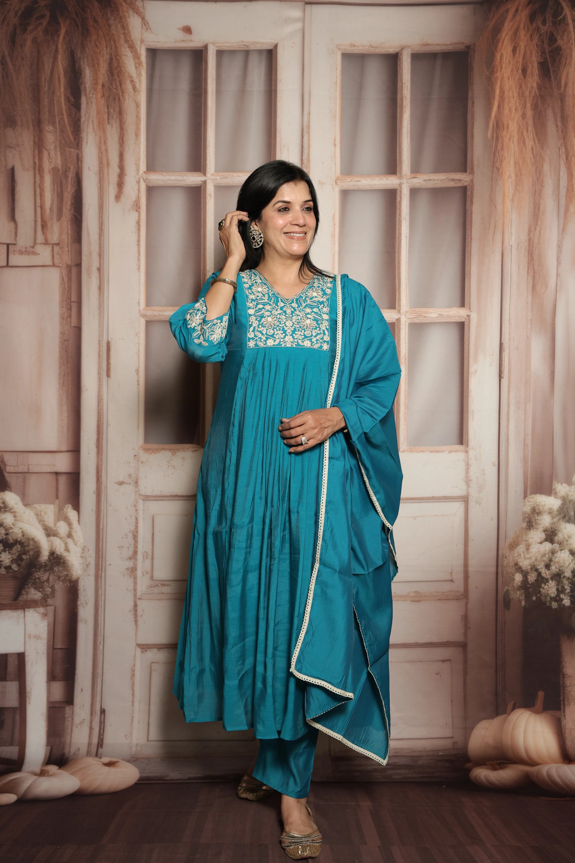 Teal Green A-Line Kurta Dupatta Set | Mul Chanderi | Elegant Thread & Pearls Embroidery