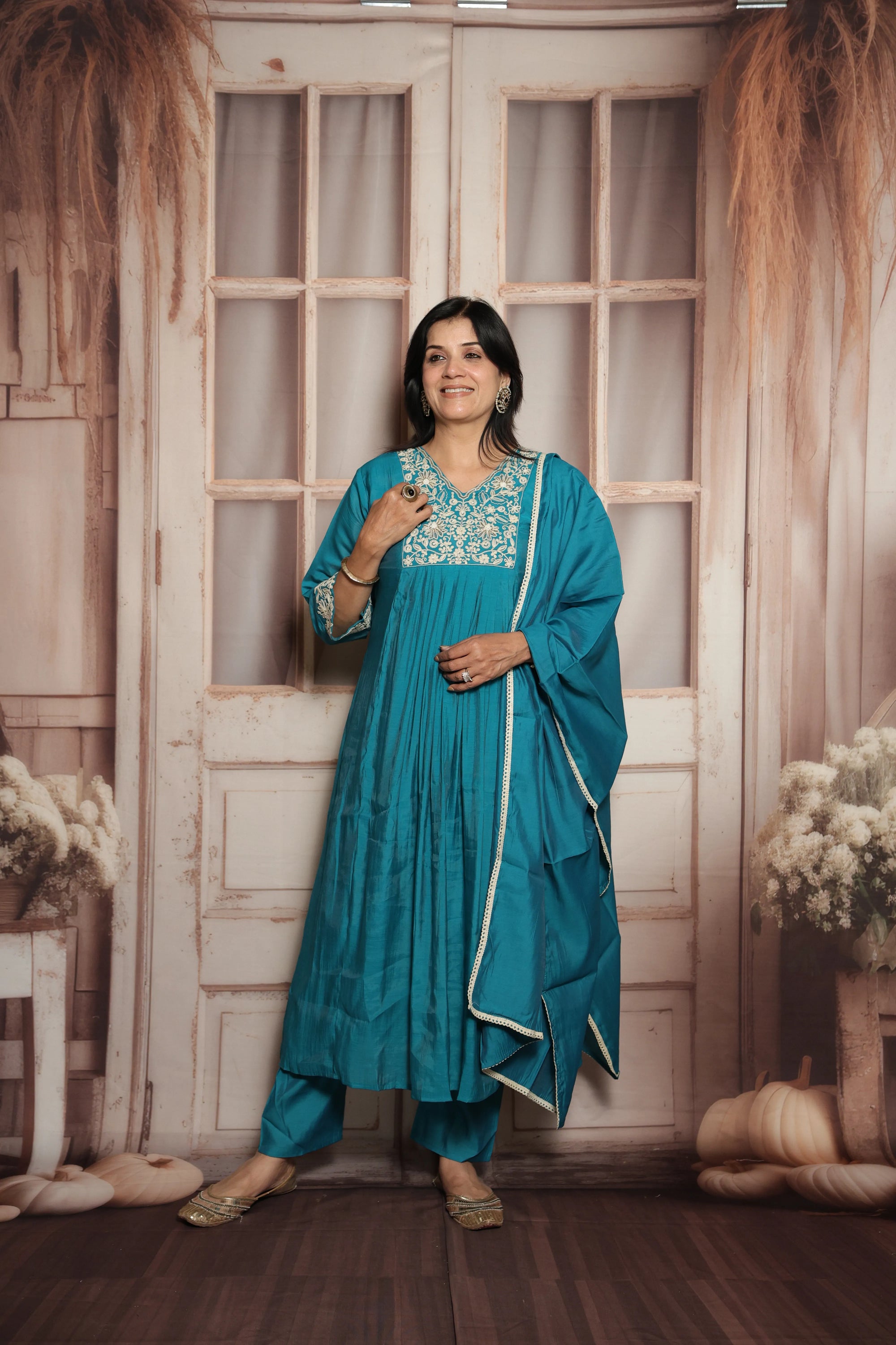 Teal Green A-Line Kurta Dupatta Set | Mul Chanderi | Elegant Thread & Pearls Embroidery