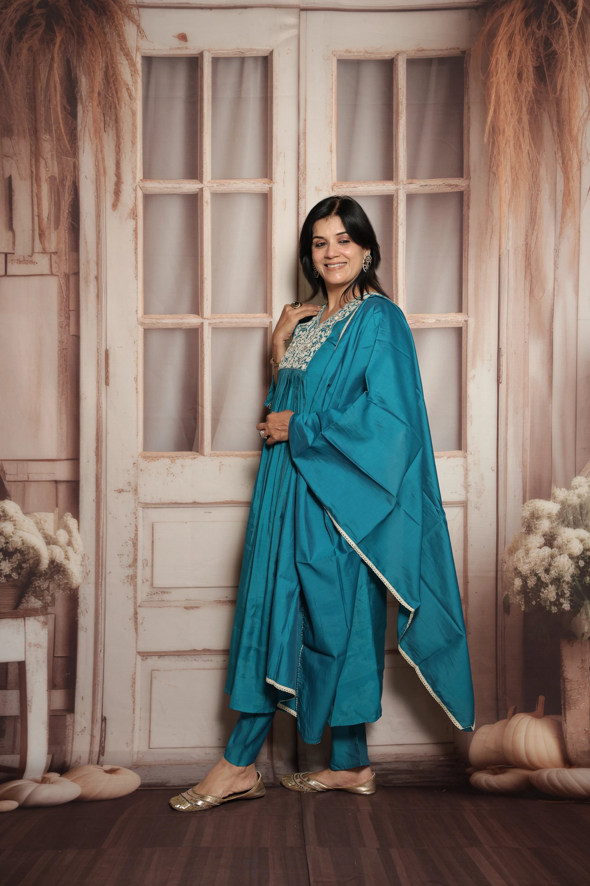 Teal Green A-Line Kurta Dupatta Set | Mul Chanderi | Elegant Thread & Pearls Embroidery