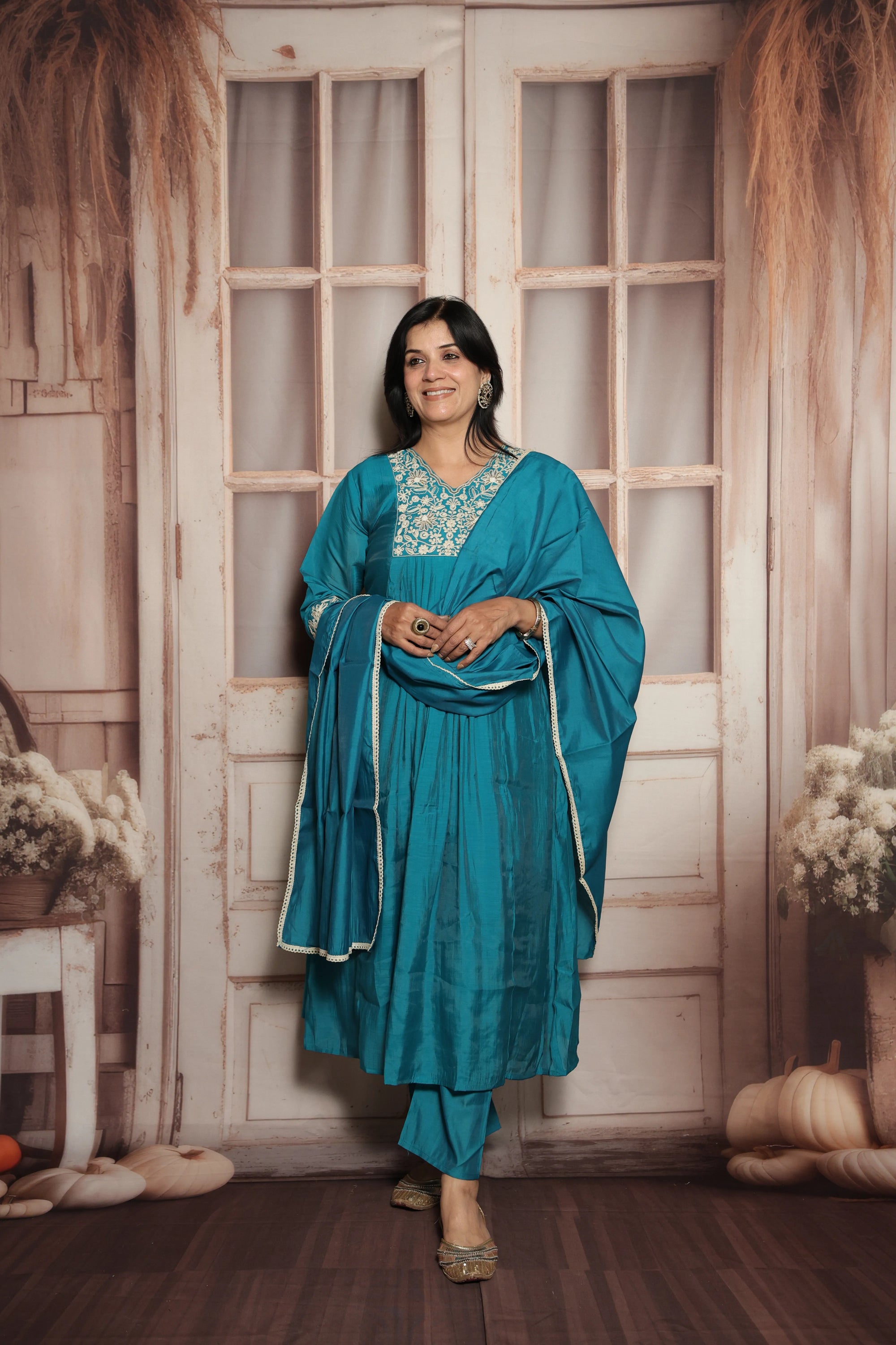 Teal Green A-Line Kurta Dupatta Set | Mul Chanderi | Elegant Thread & Pearls Embroidery