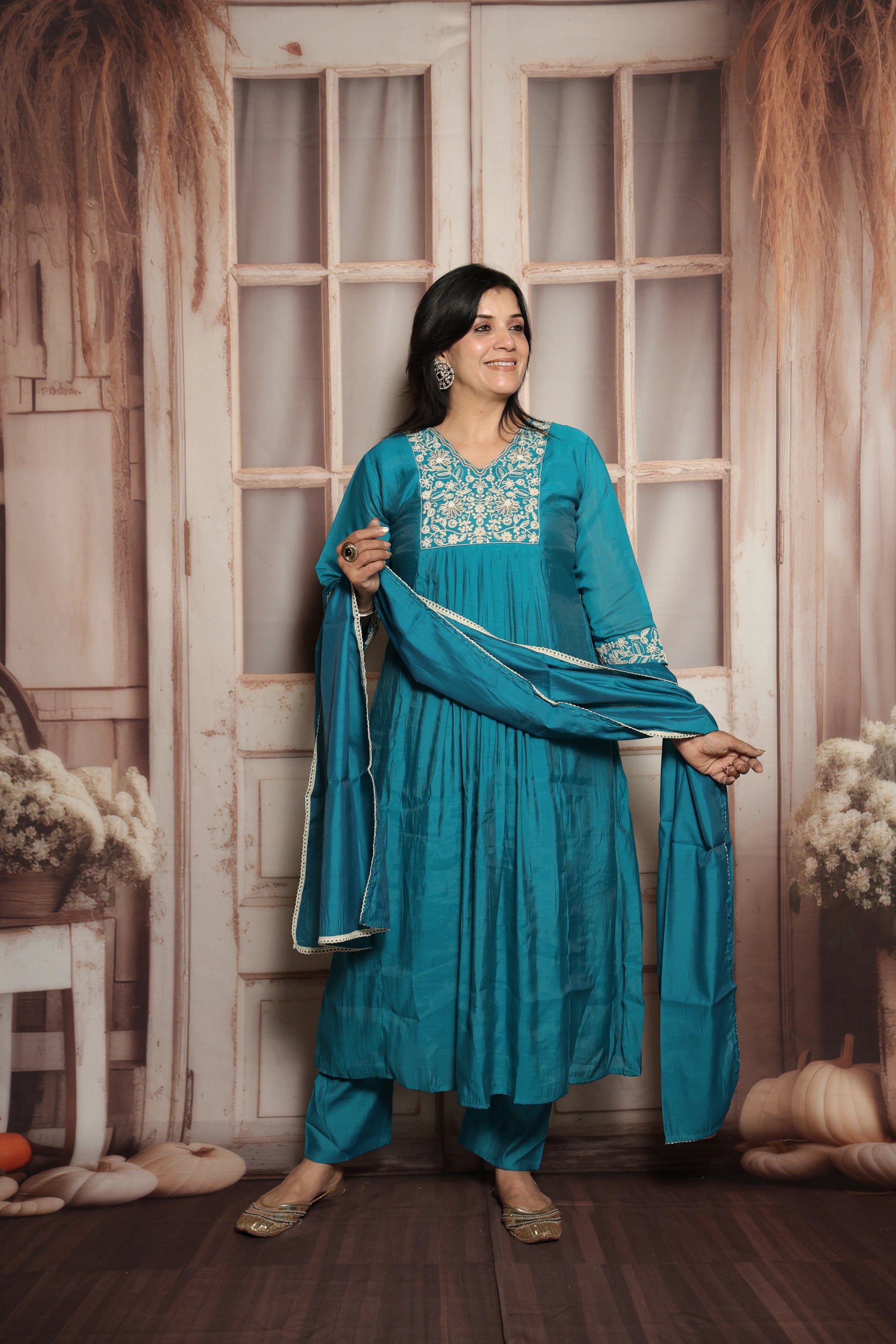 Teal Green A-Line Kurta Dupatta Set | Mul Chanderi | Elegant Thread & Pearls Embroidery