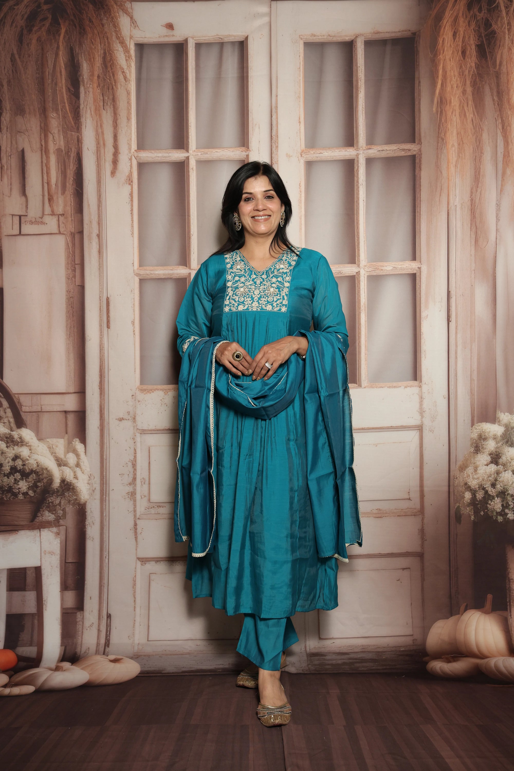 Teal Green A-Line Kurta Dupatta Set | Mul Chanderi | Elegant Thread & Pearls Embroidery