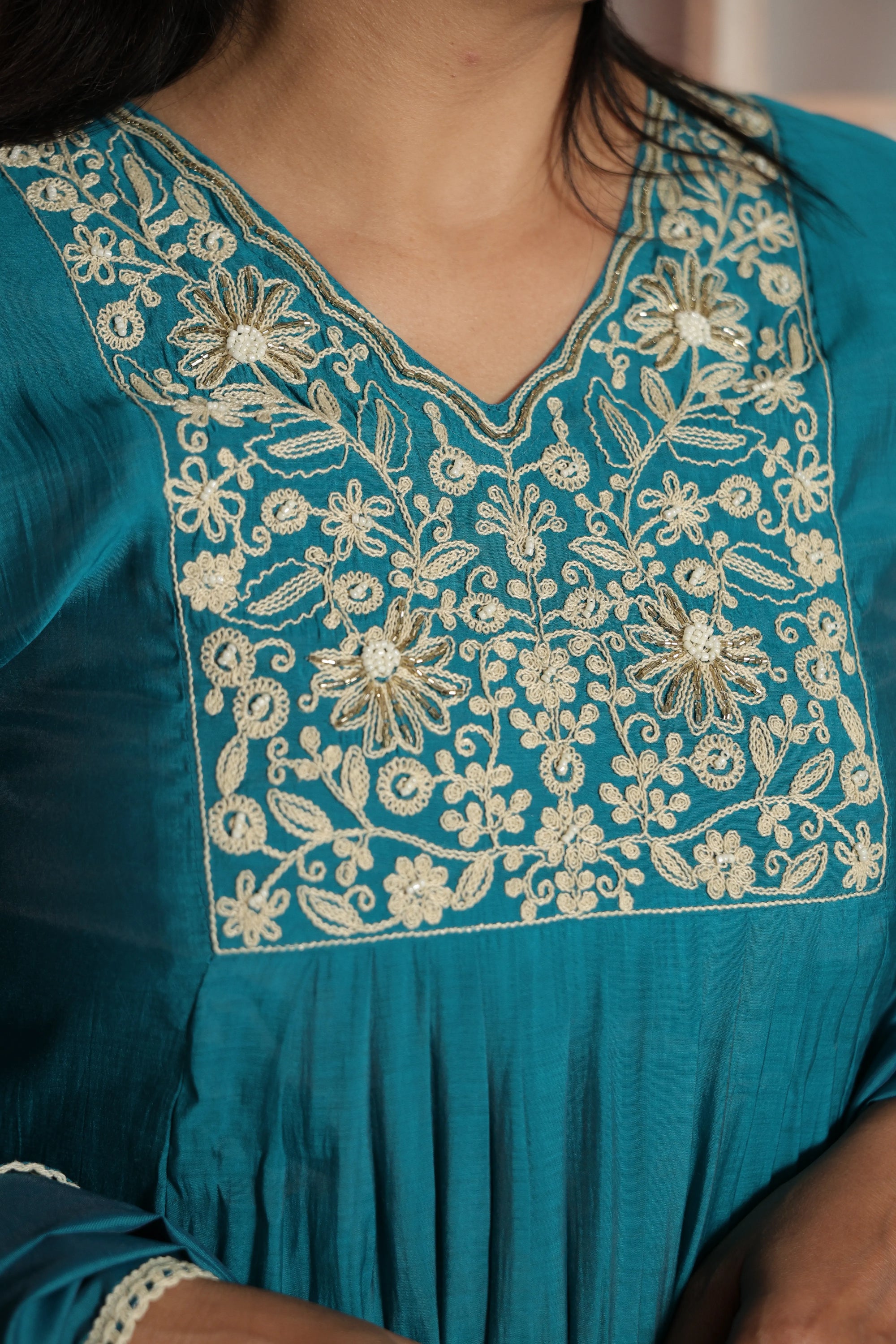 Teal Green A-Line Kurta Dupatta Set | Mul Chanderi | Elegant Thread & Pearls Embroidery