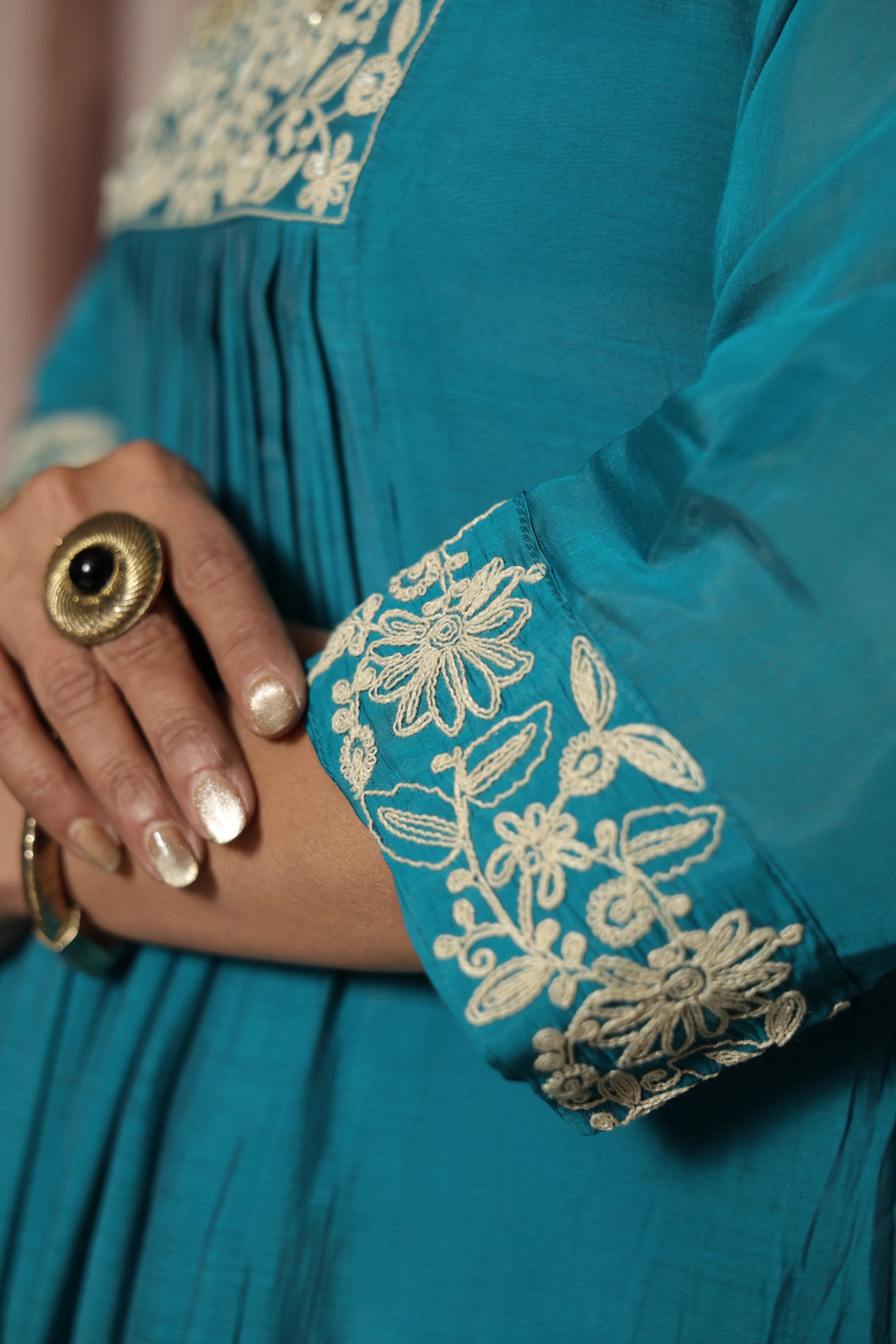 Teal Green A-Line Kurta Dupatta Set | Mul Chanderi | Elegant Thread & Pearls Embroidery