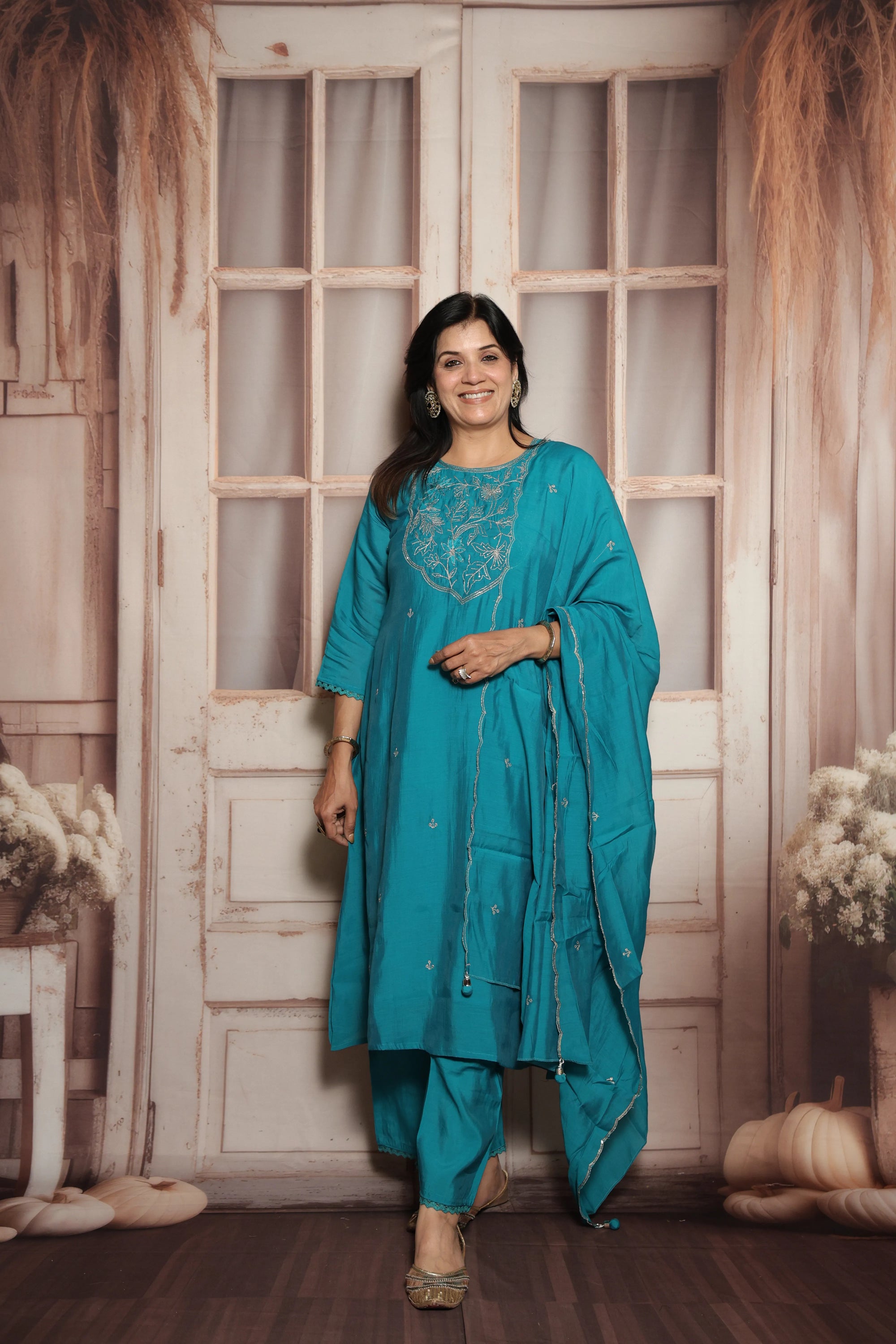 Teal Green Mul Chanderi Kurta Dupatta Set | Silver Embroidery