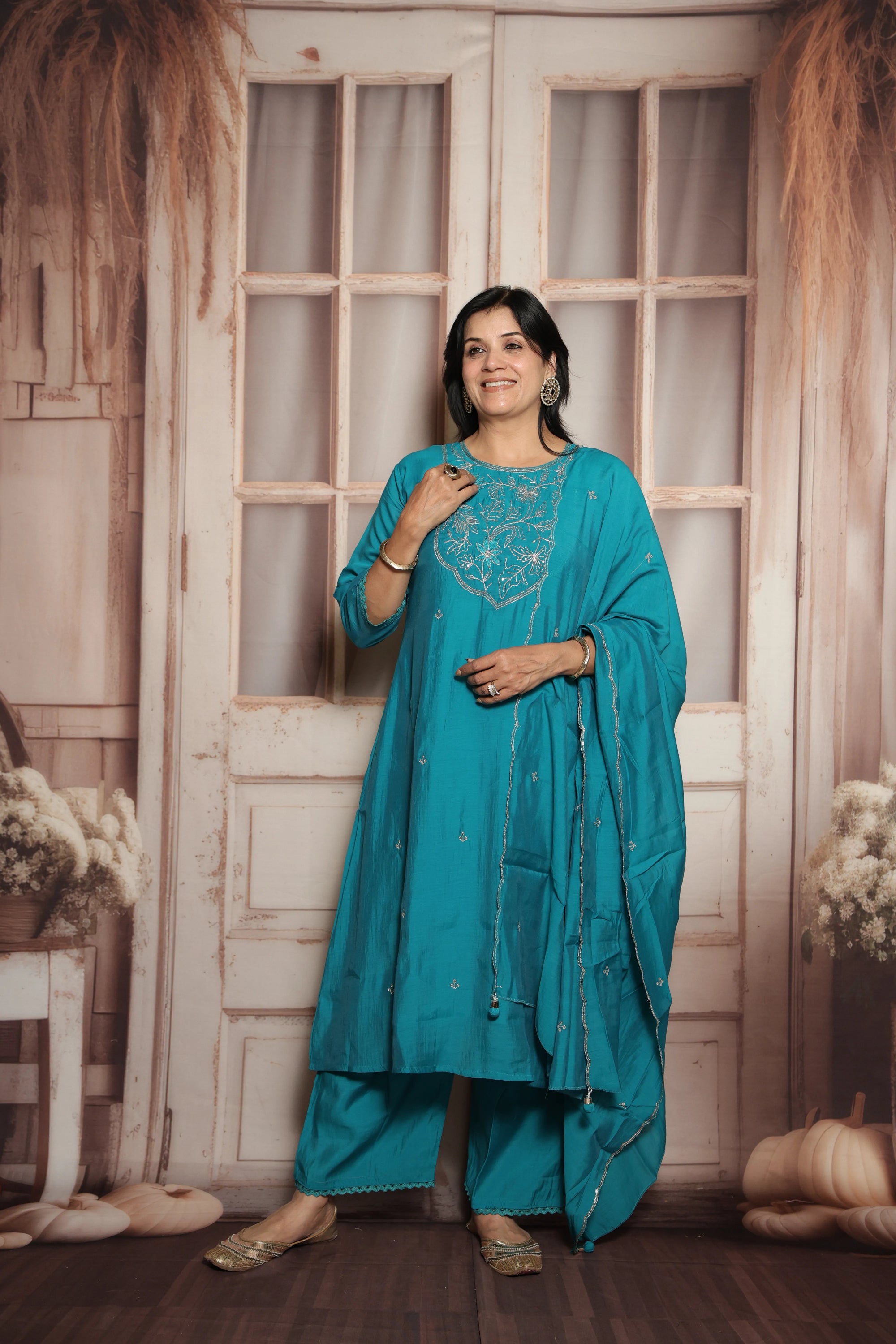 Teal Green Mul Chanderi Kurta Dupatta Set | Silver Embroidery