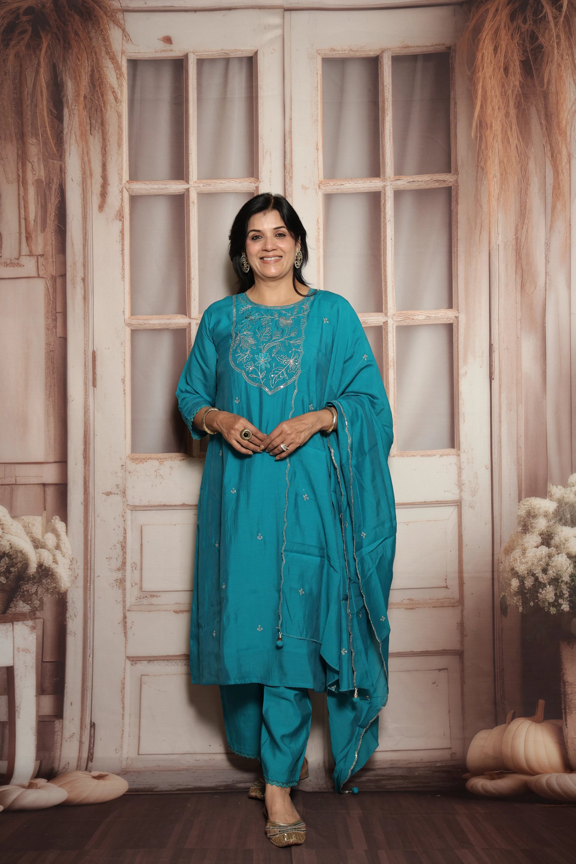 Teal Green Mul Chanderi Kurta Dupatta Set | Silver Embroidery