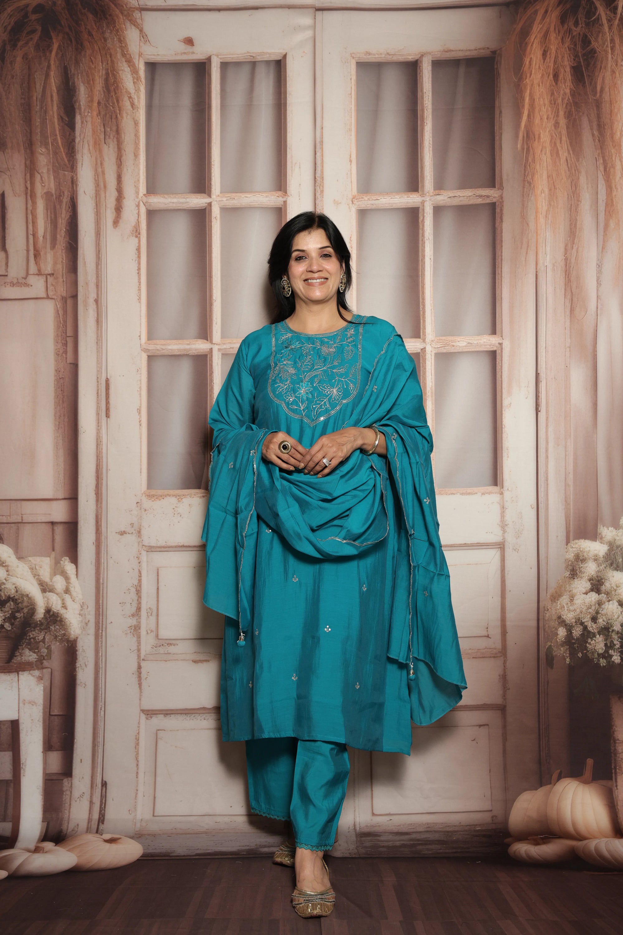 Teal Green Mul Chanderi Kurta Dupatta Set | Silver Embroidery