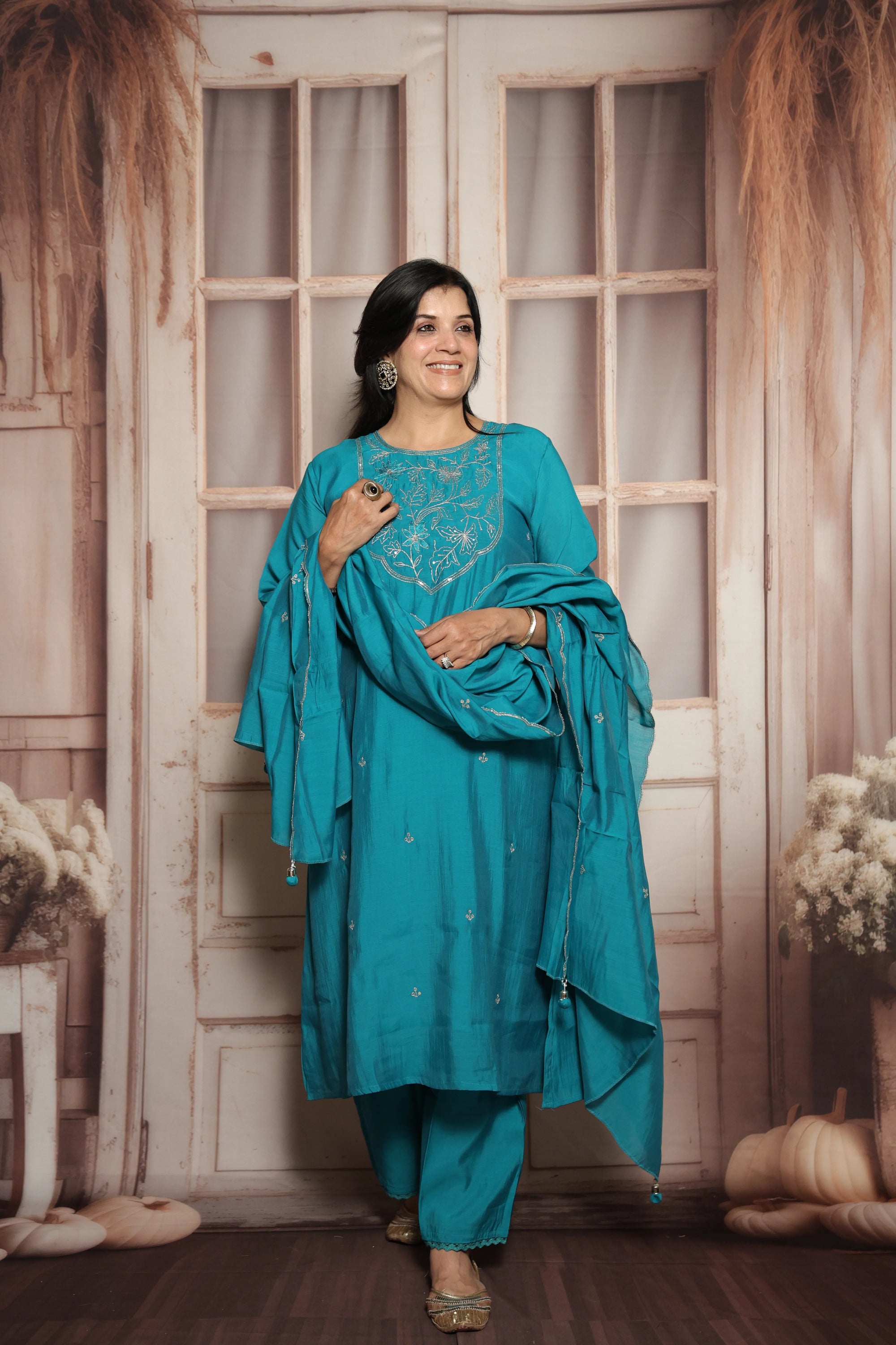Teal Green Mul Chanderi Kurta Dupatta Set | Silver Embroidery