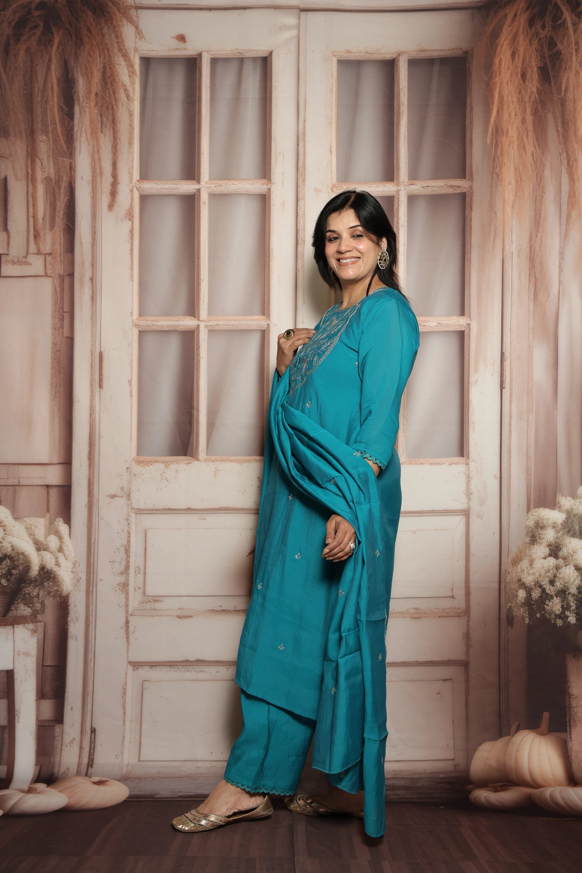 Teal Green Mul Chanderi Kurta Dupatta Set | Silver Embroidery