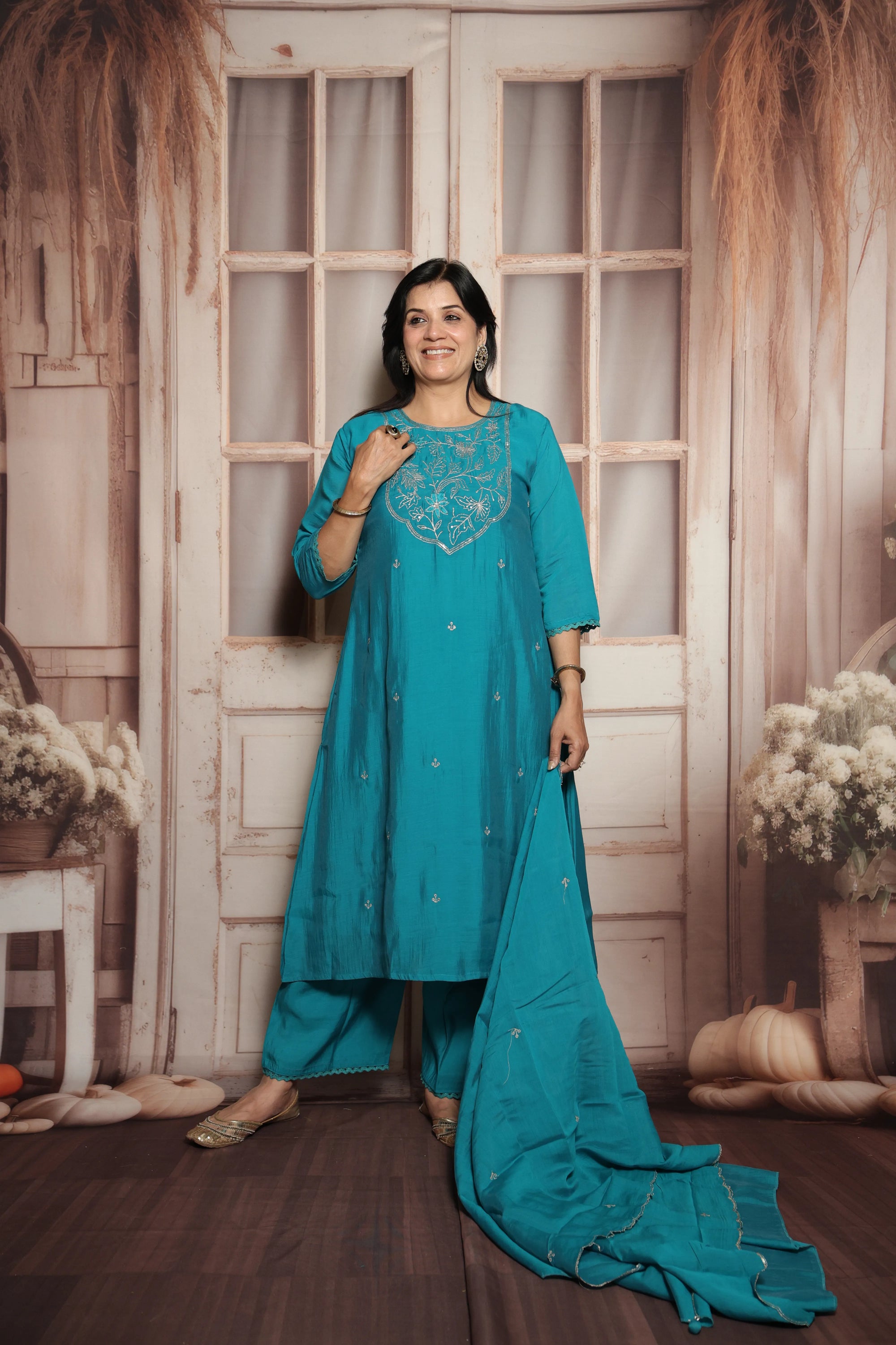 Teal Green Mul Chanderi Kurta Dupatta Set | Silver Embroidery
