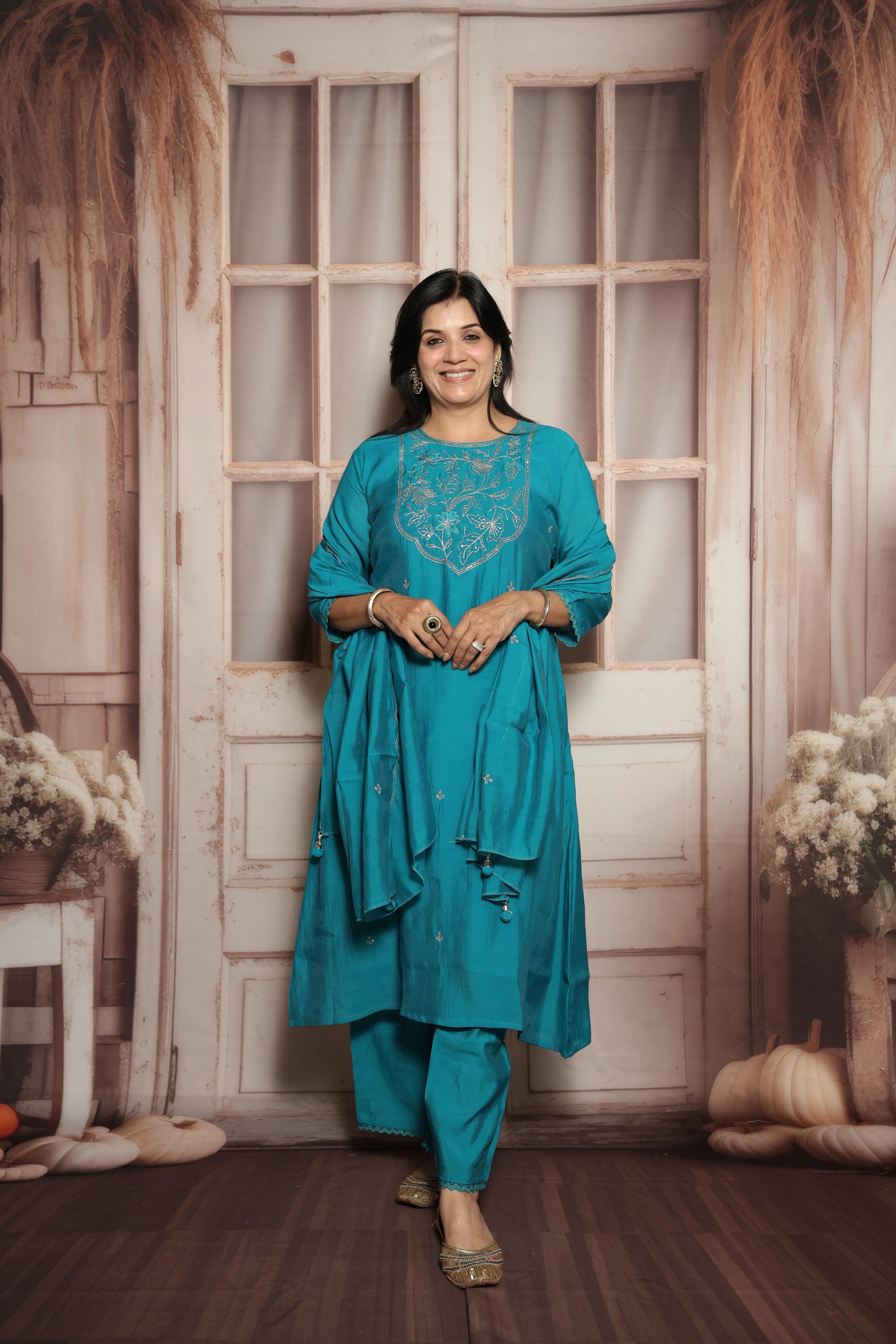 Teal Green Mul Chanderi Kurta Dupatta Set | Silver Embroidery