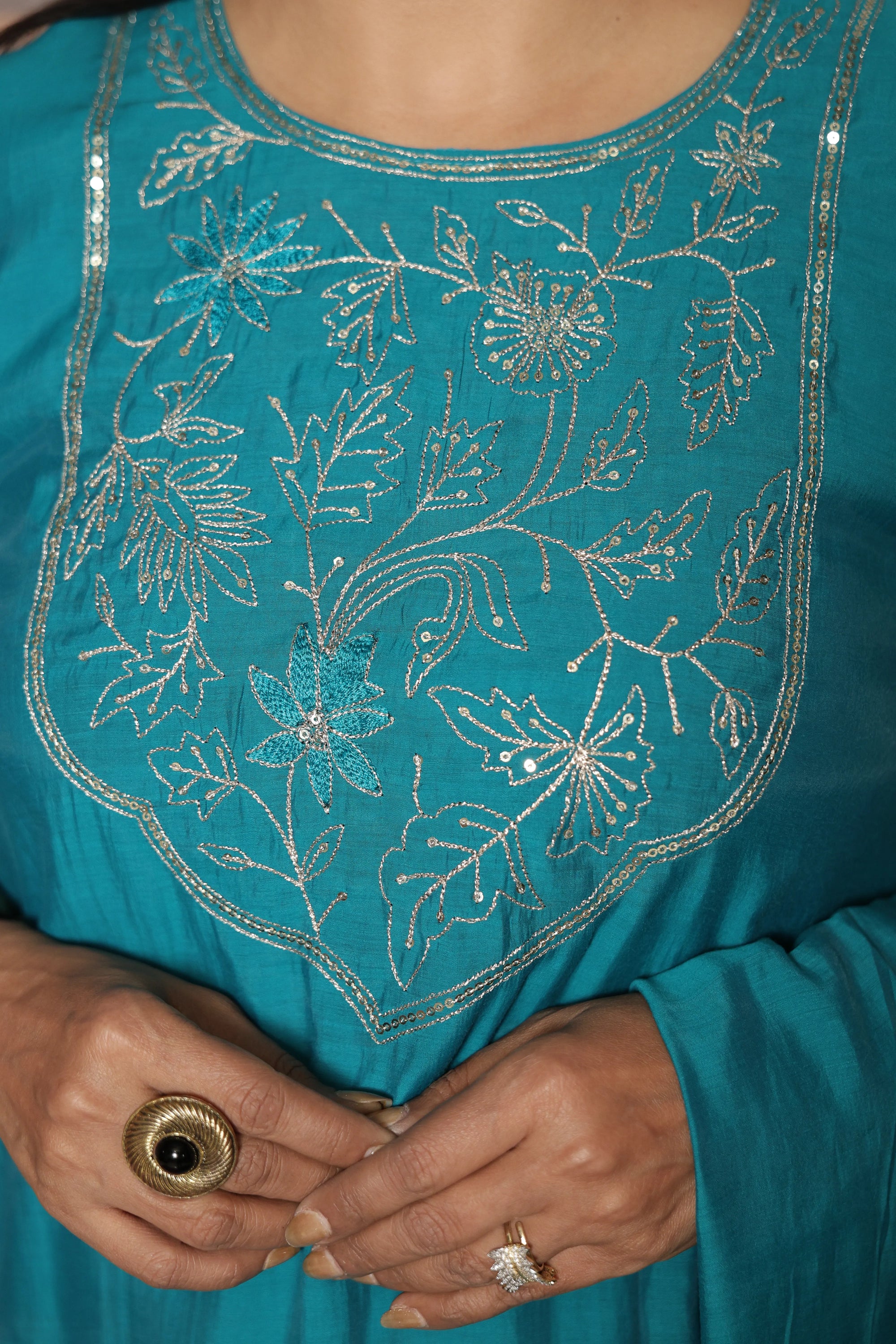 Teal Green Mul Chanderi Kurta Dupatta Set | Silver Embroidery