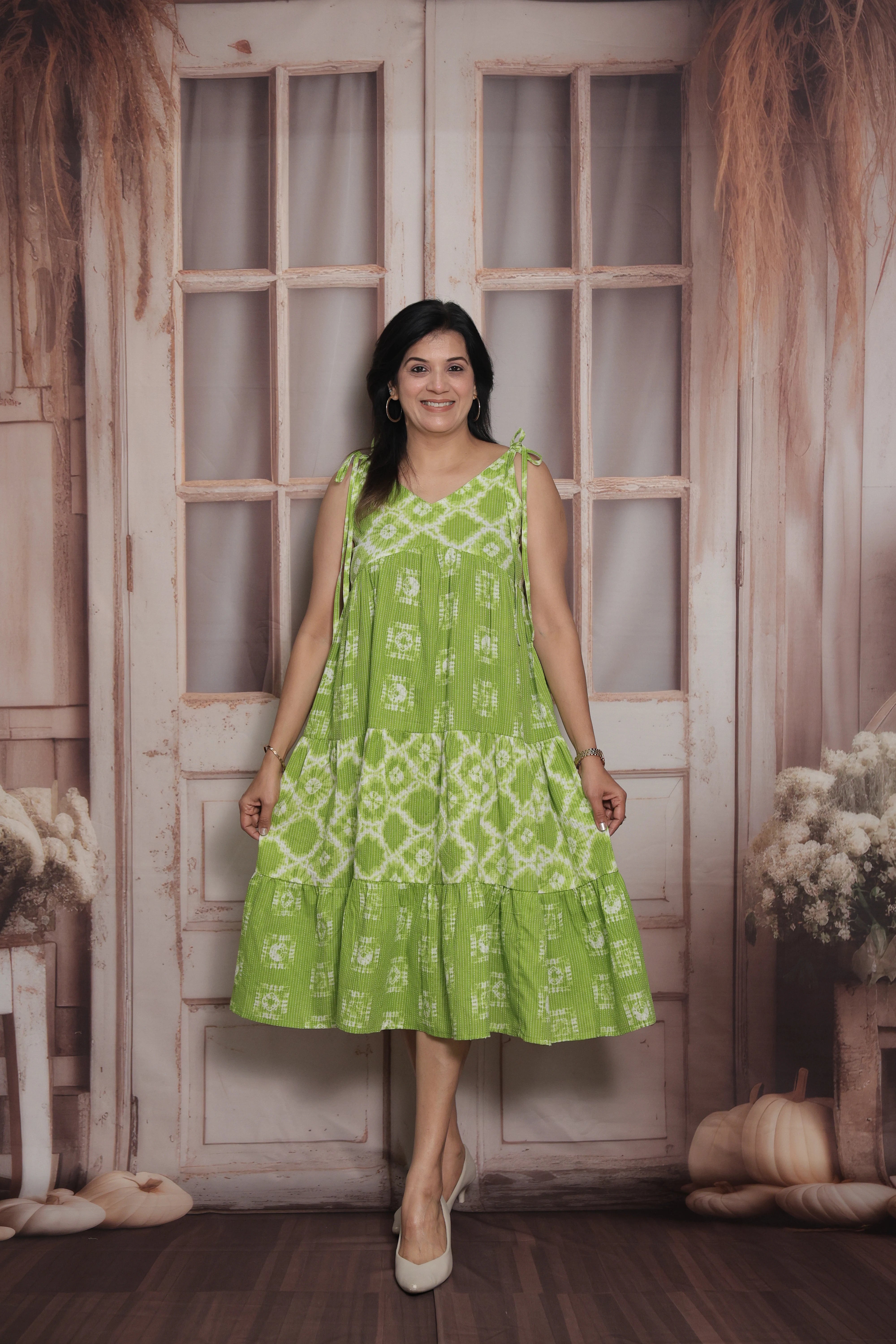 Apple Green Sleeveless Long Tunic Dress | Cotton | Shibori Print