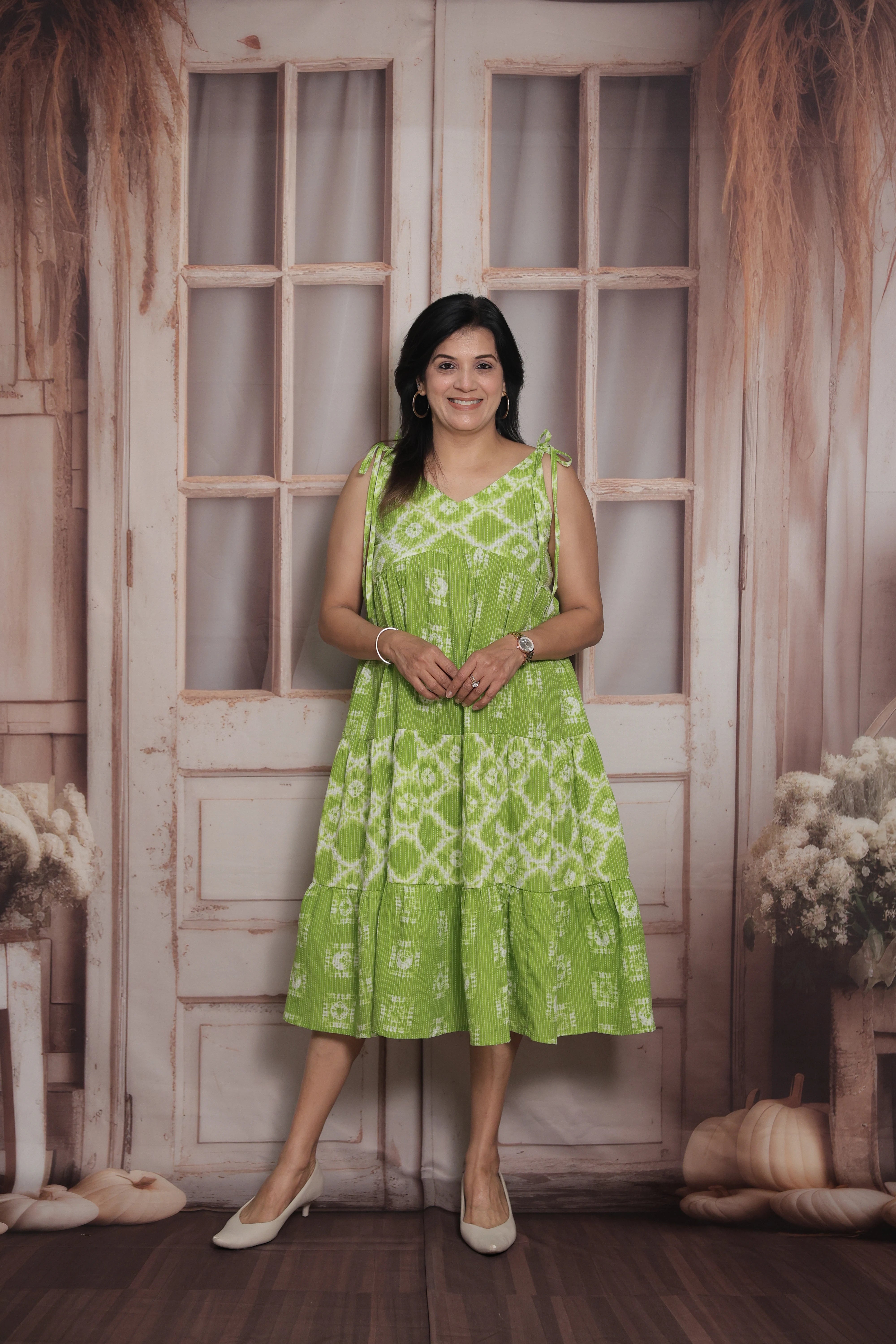 Apple Green Sleeveless Long Tunic Dress | Cotton | Shibori Print