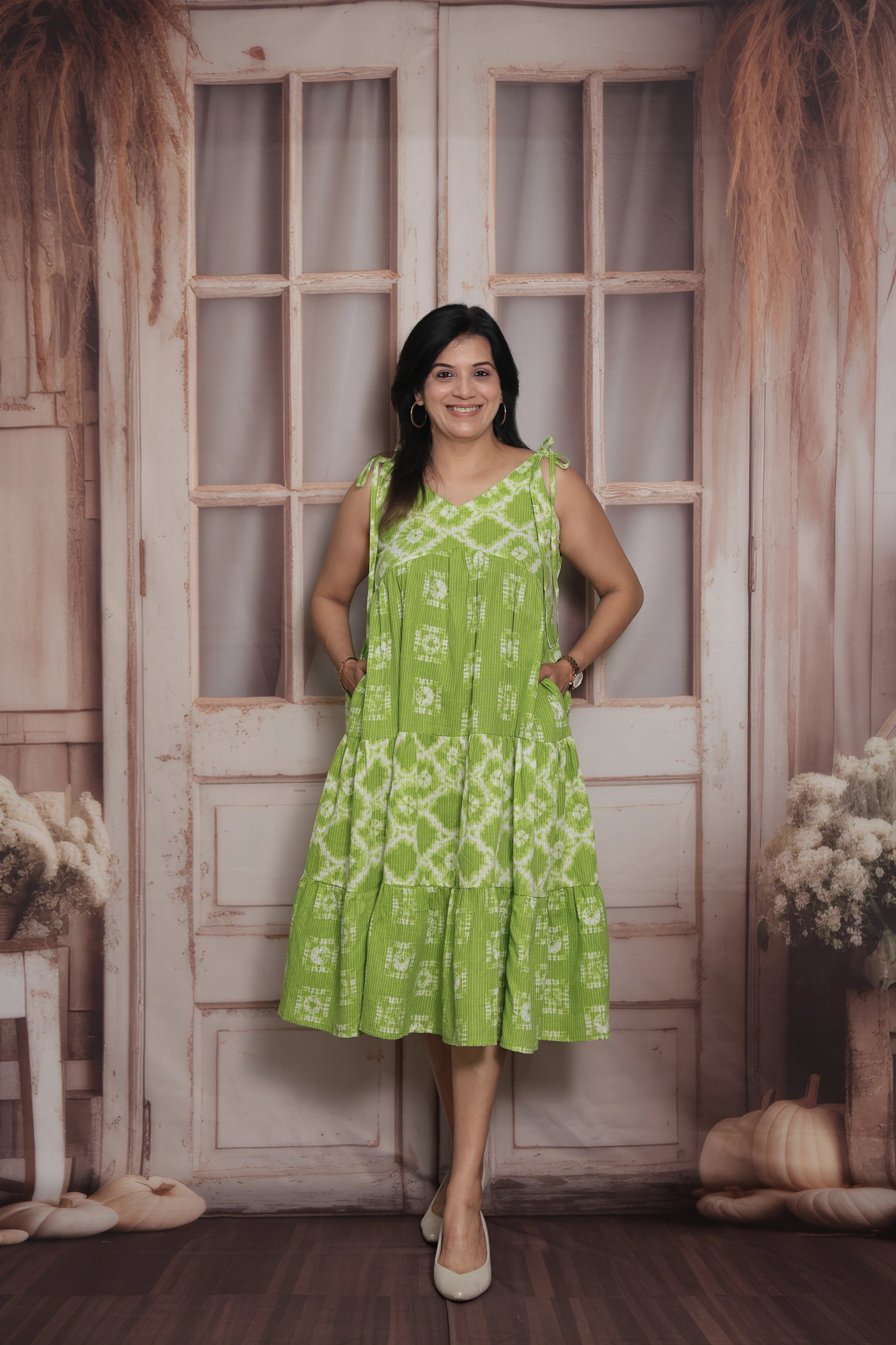 Apple Green Sleeveless Long Tunic Dress | Cotton | Shibori Print