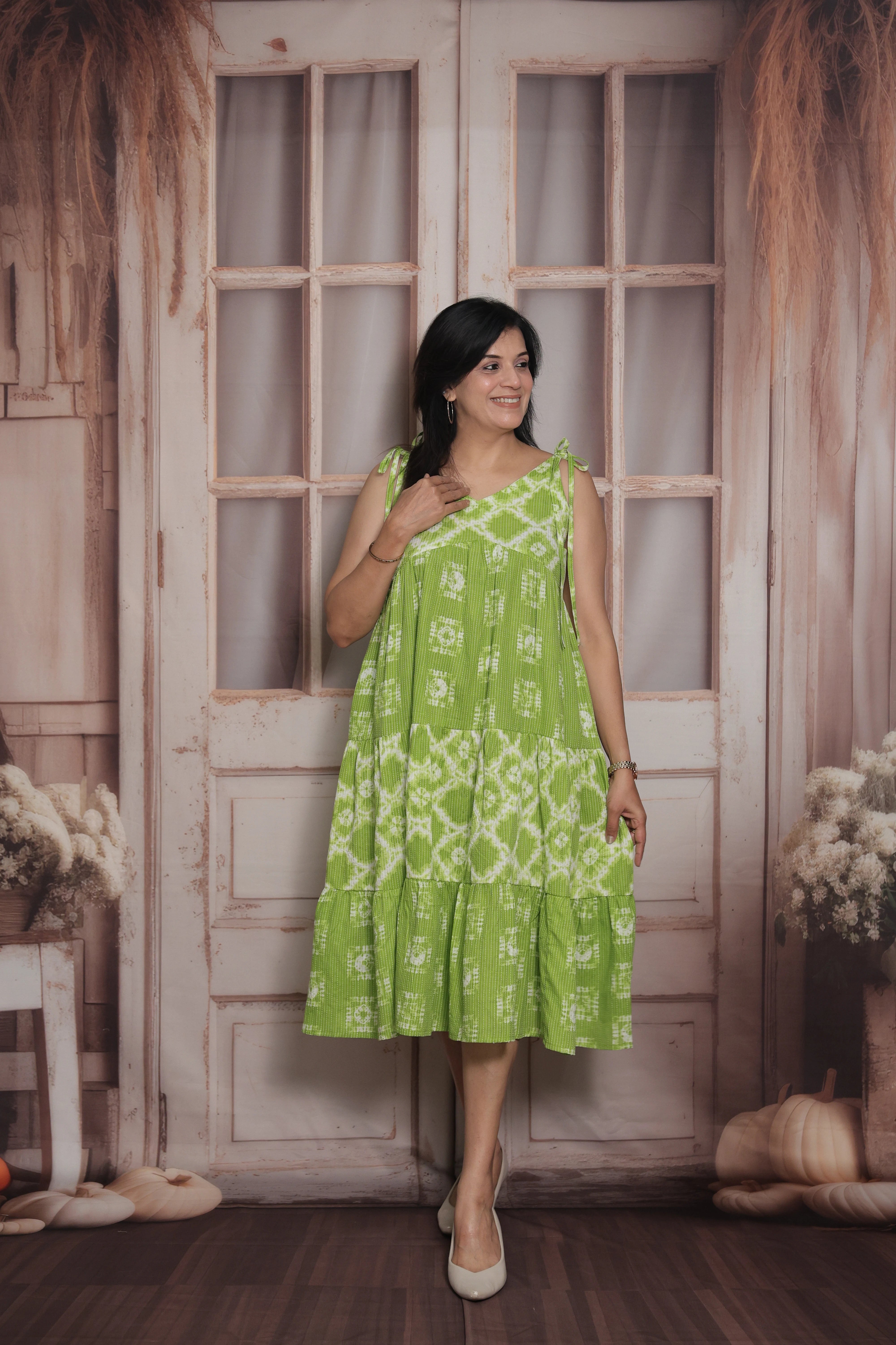 Apple Green Sleeveless Long Tunic Dress | Cotton | Shibori Print
