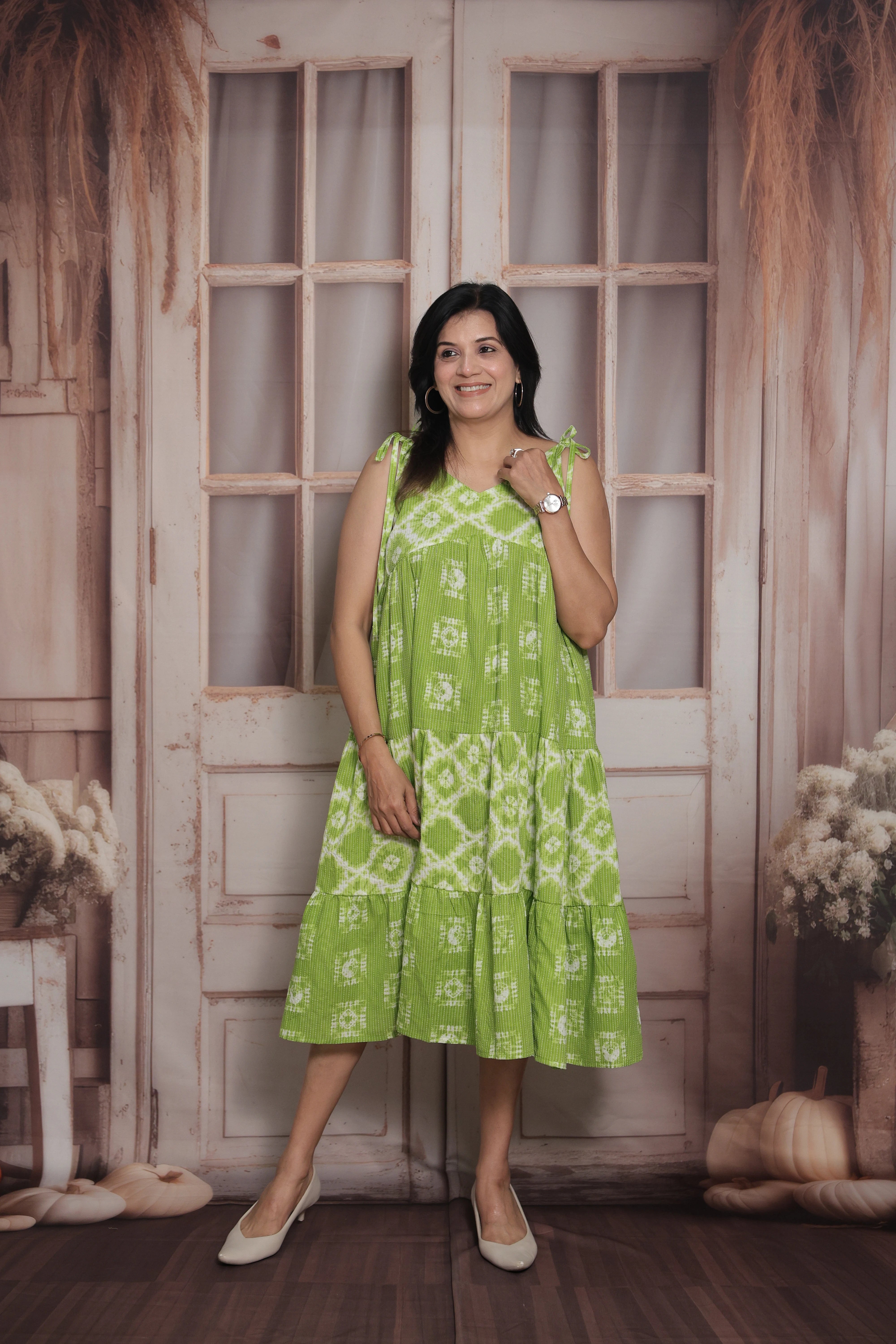 Apple Green Sleeveless Long Tunic Dress | Cotton | Shibori Print