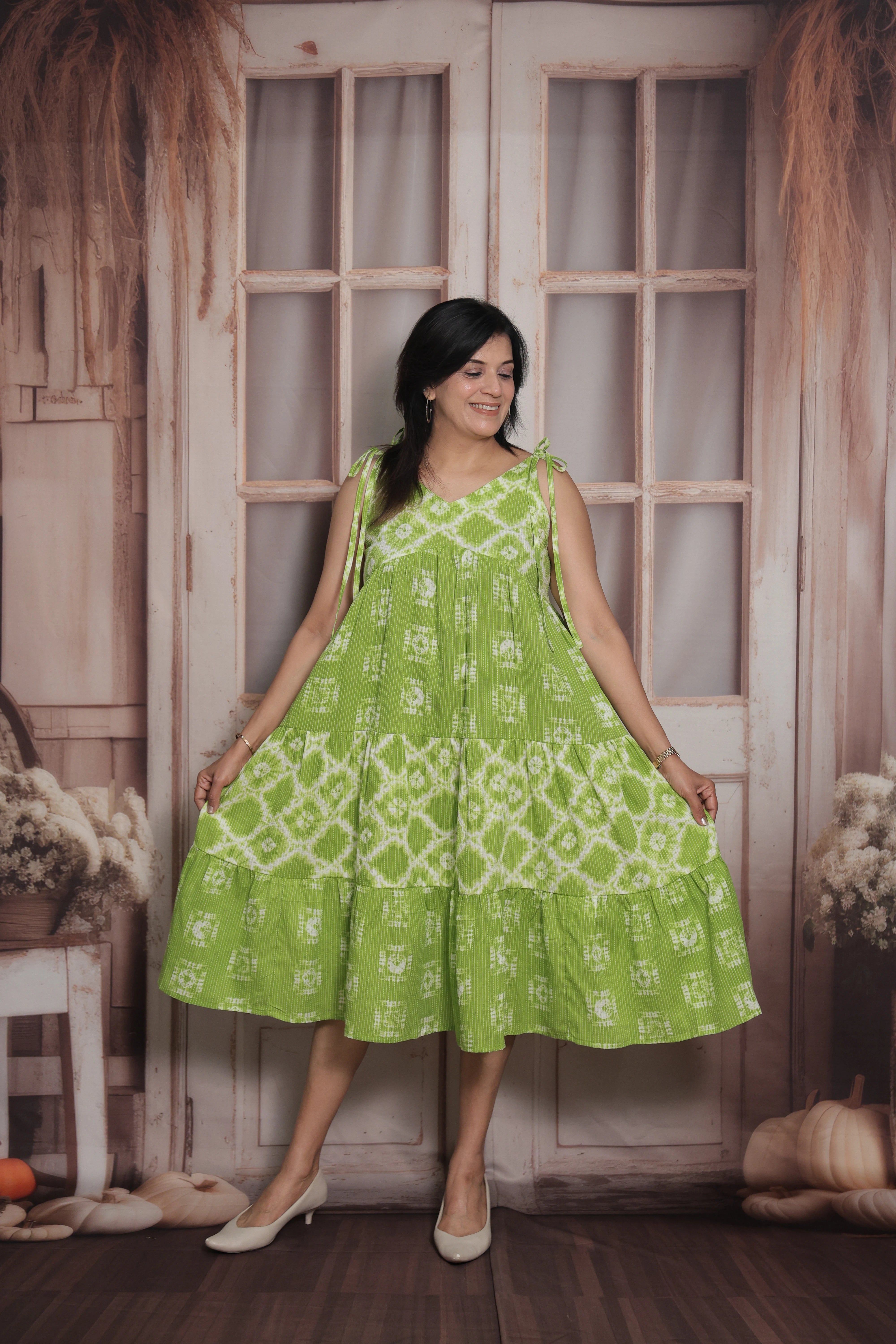 Apple Green Sleeveless Long Tunic Dress | Cotton | Shibori Print