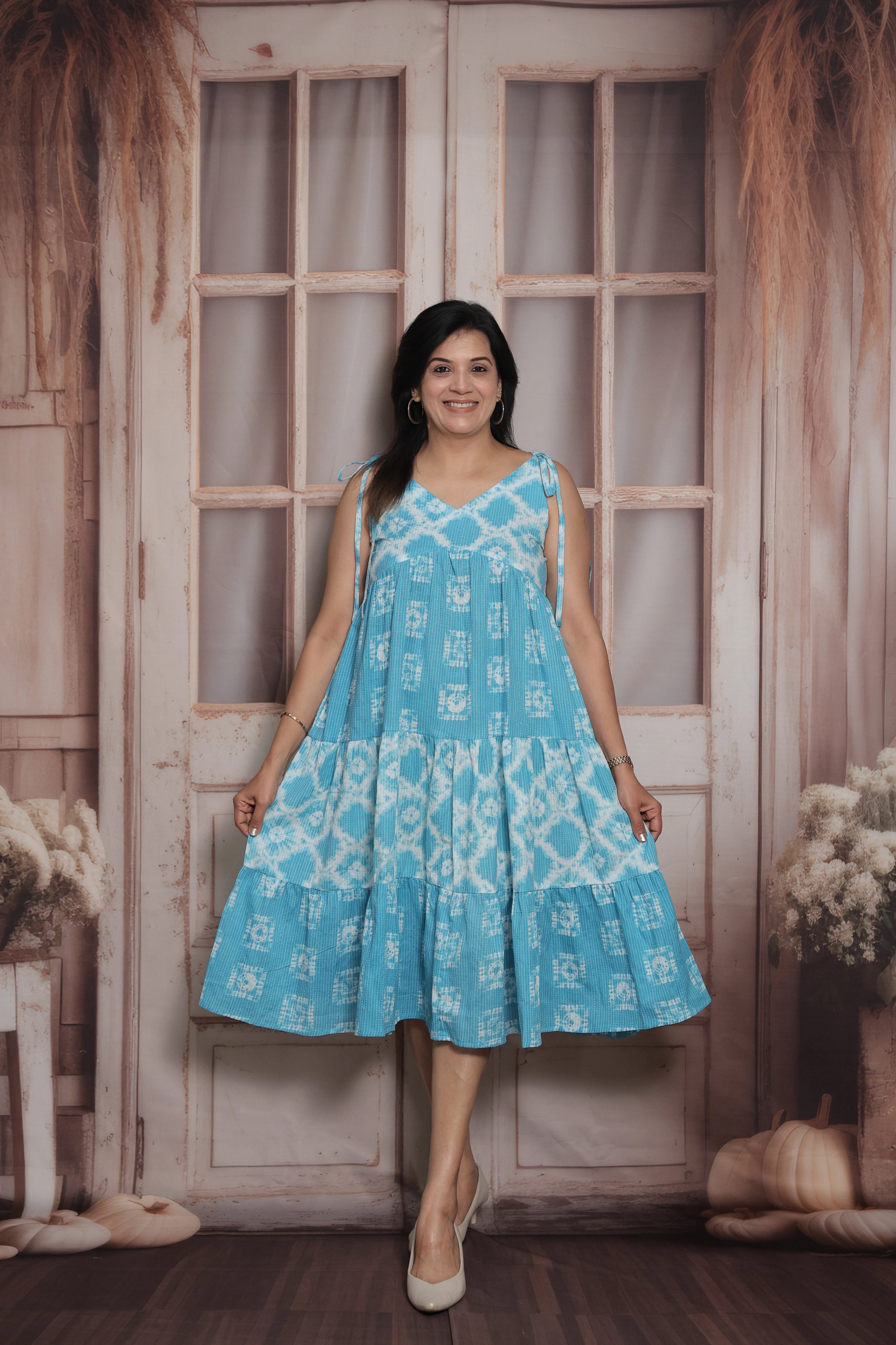 Aqua Blue Sleeveless Long Tunic Dress | Cotton | Shibori Print