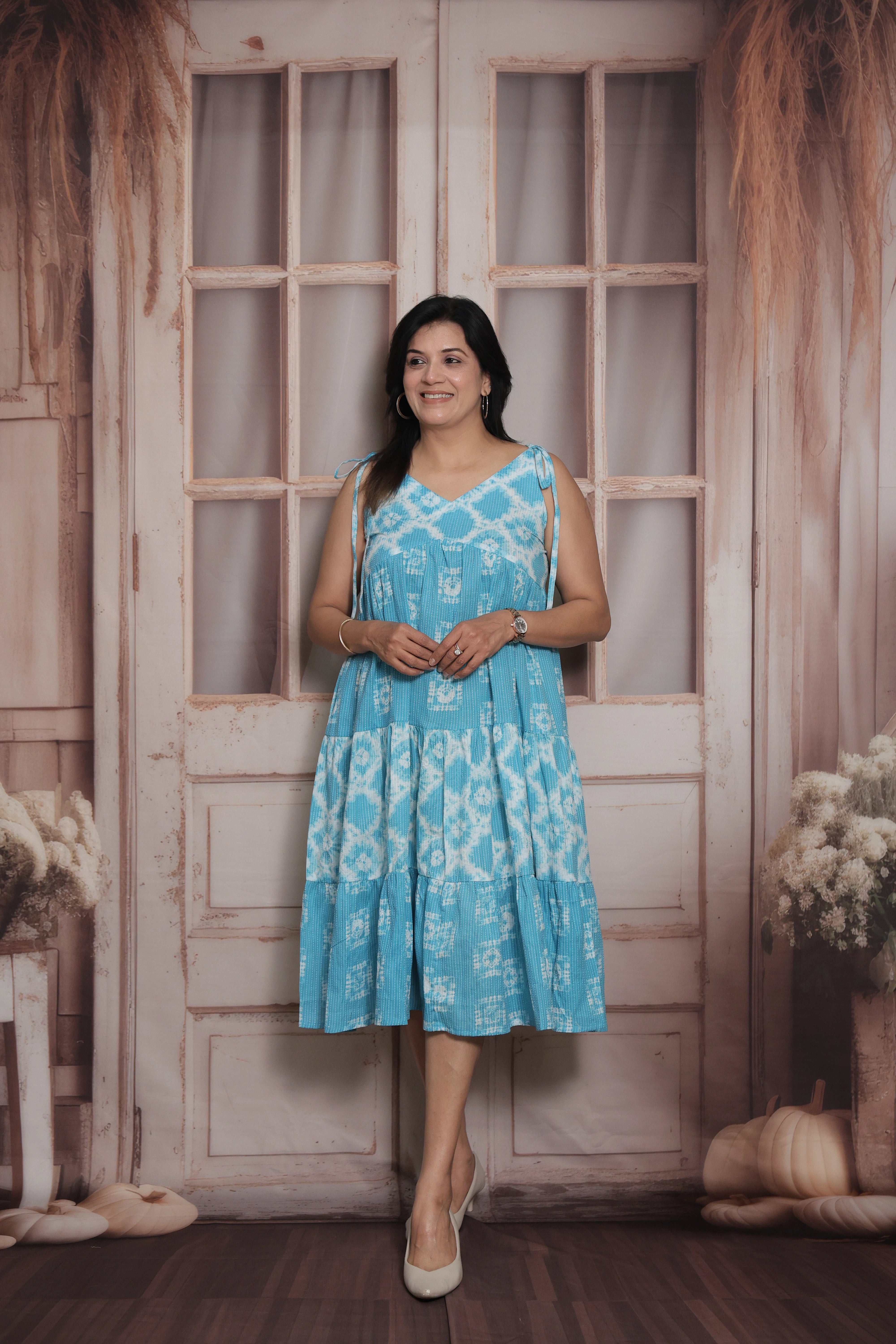 Aqua Blue Sleeveless Long Tunic Dress | Cotton | Shibori Print