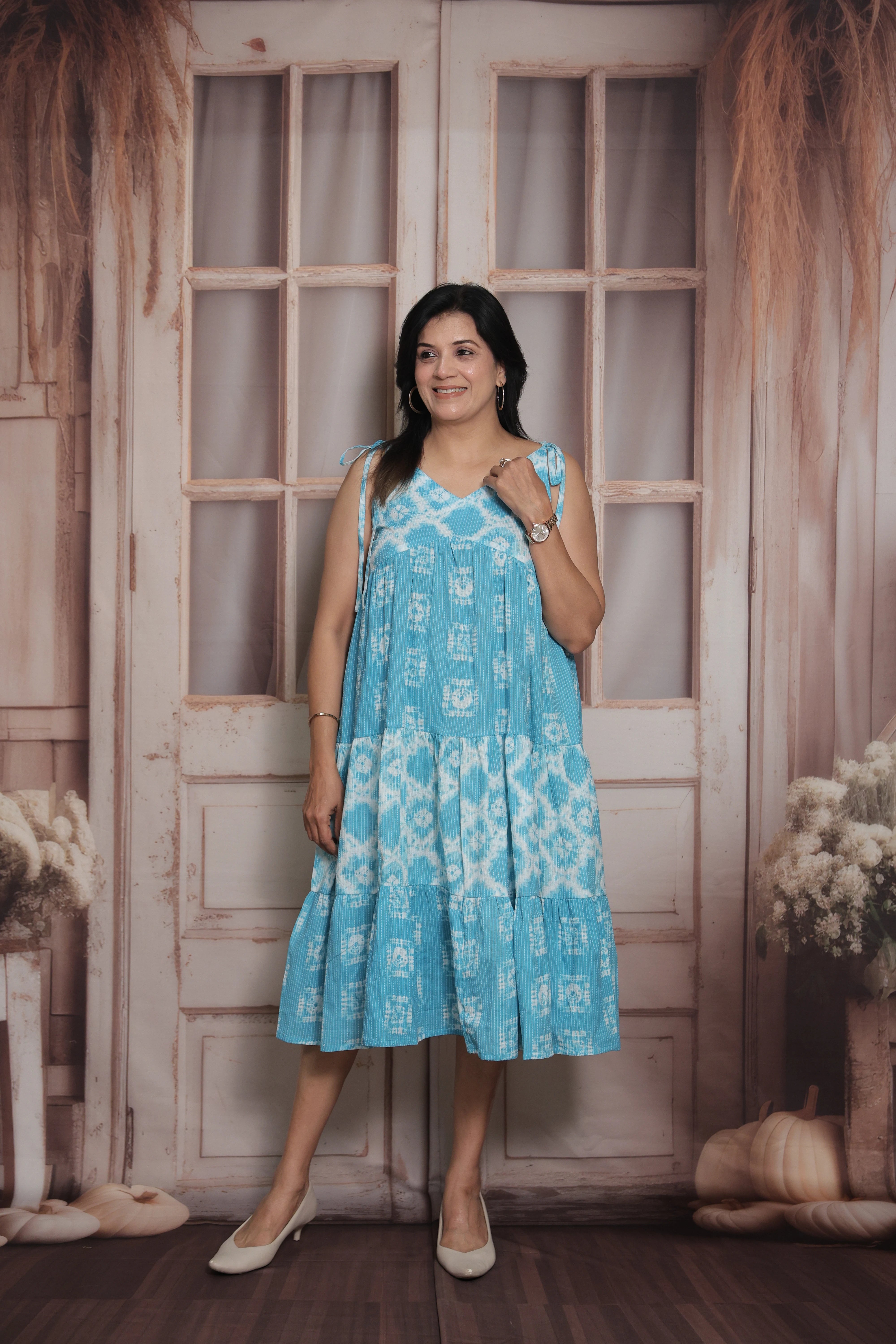 Aqua Blue Sleeveless Long Tunic Dress | Cotton | Shibori Print