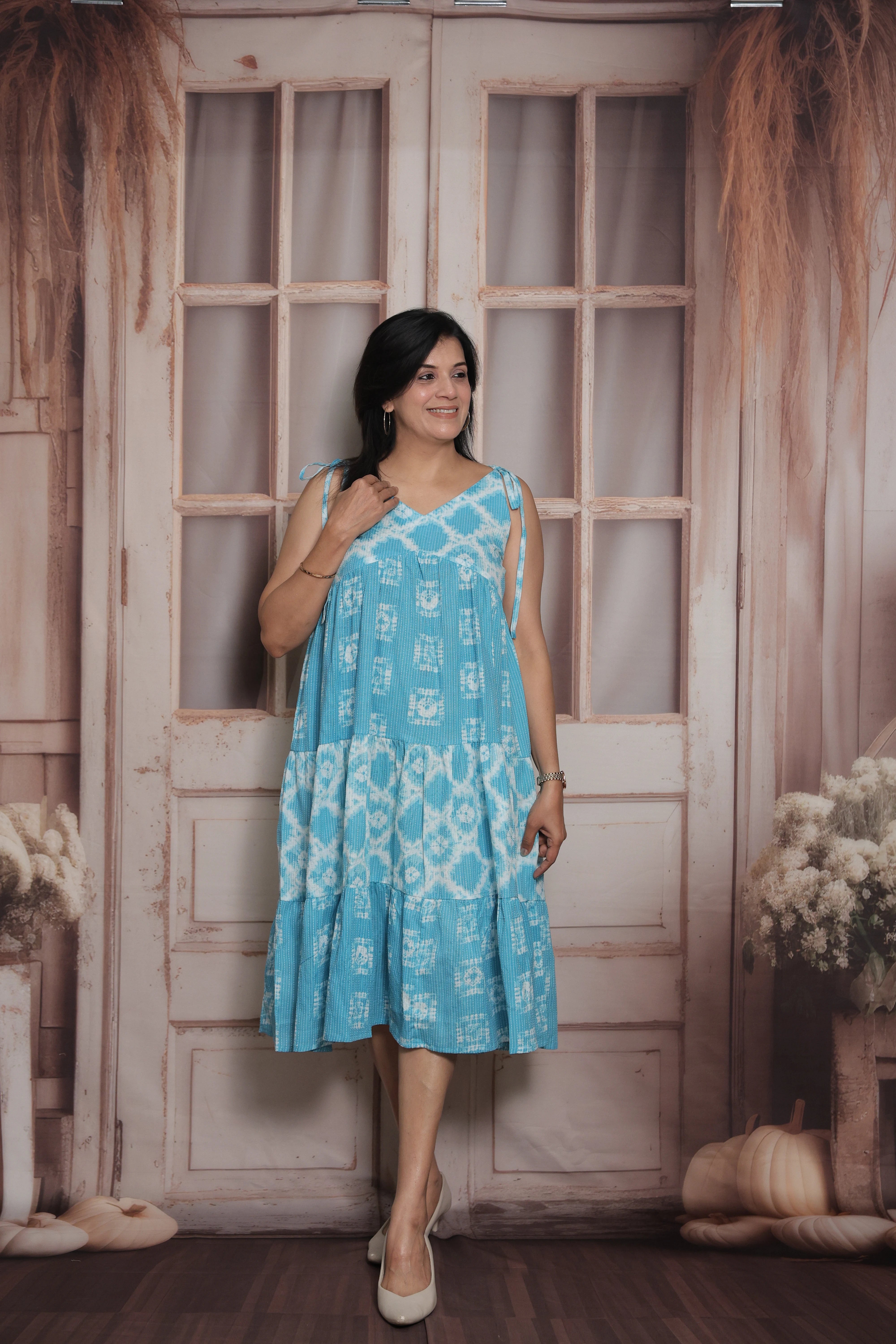 Aqua Blue Sleeveless Long Tunic Dress | Cotton | Shibori Print
