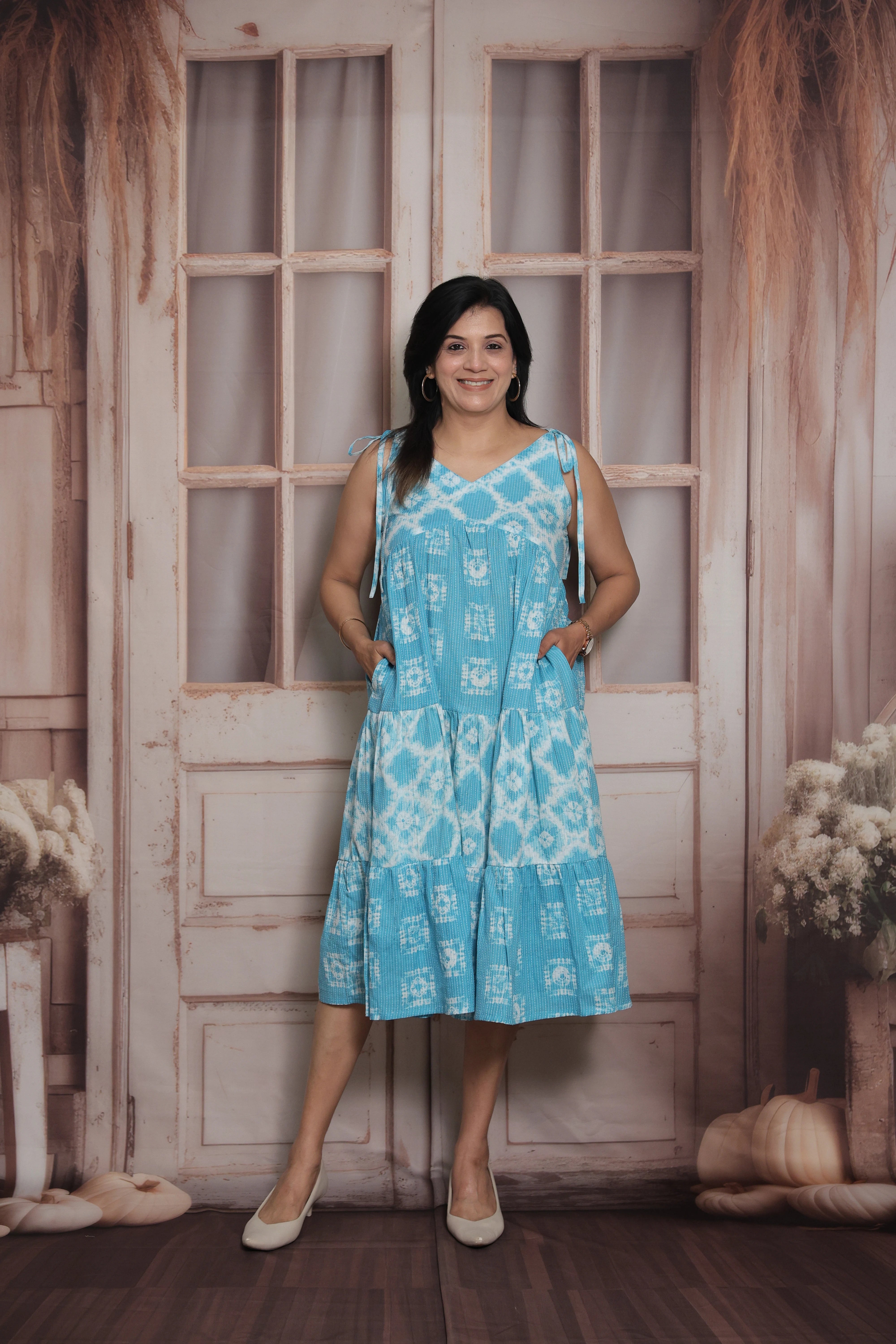 Aqua Blue Sleeveless Long Tunic Dress | Cotton | Shibori Print