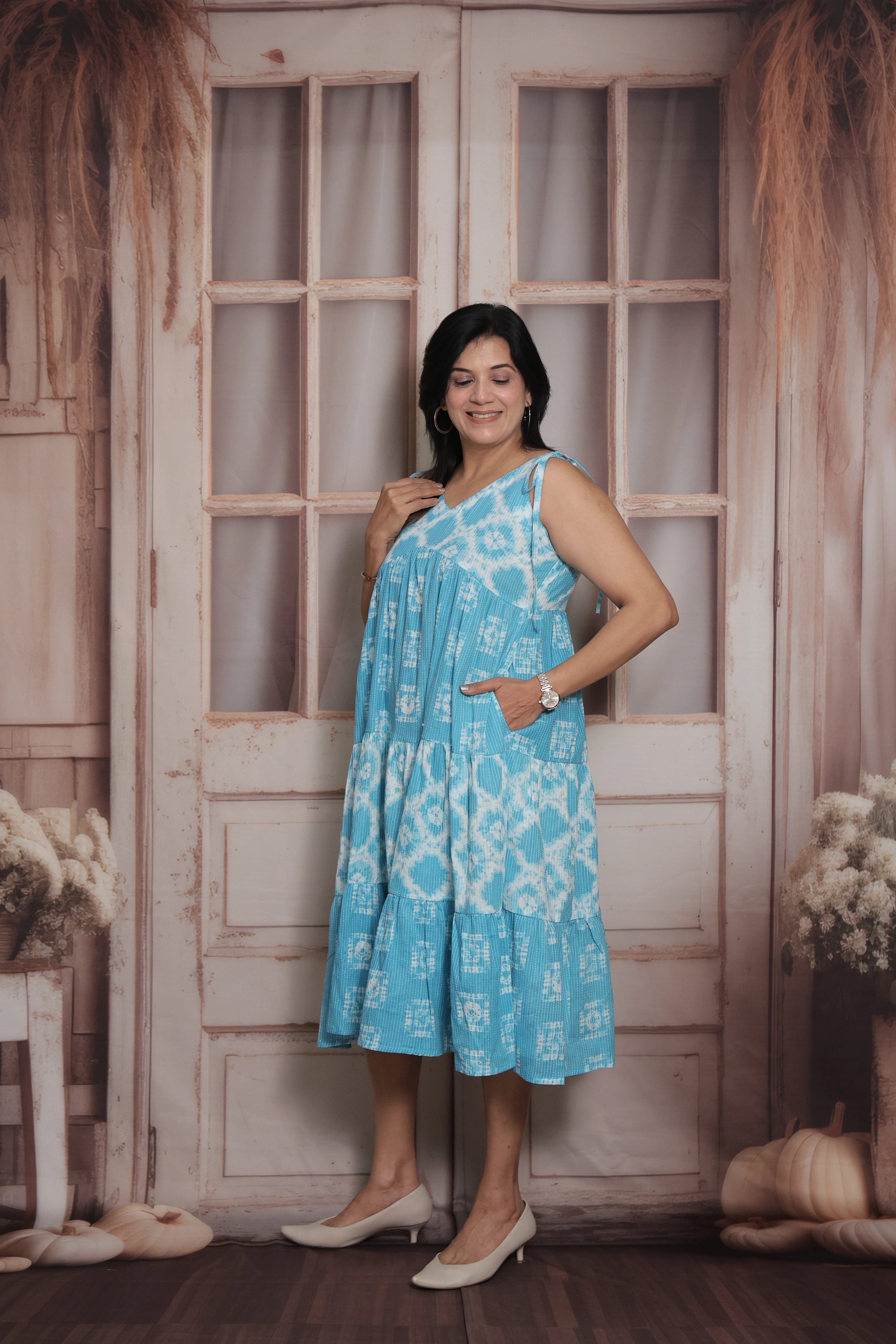 Aqua Blue Sleeveless Long Tunic Dress | Cotton | Shibori Print