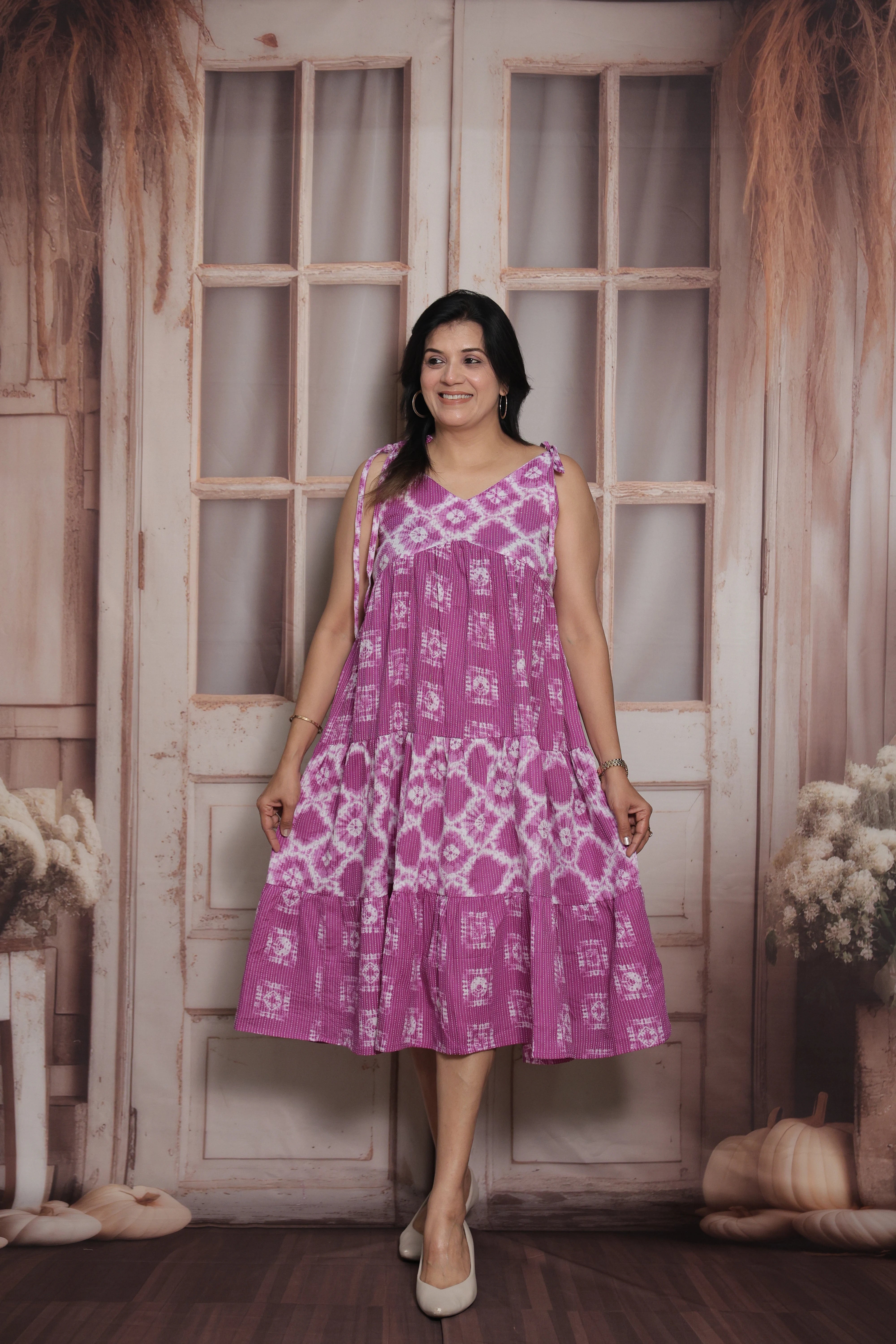 Dark Magenta Sleeveless Long Tunic Dress | Cotton | Shibori Print