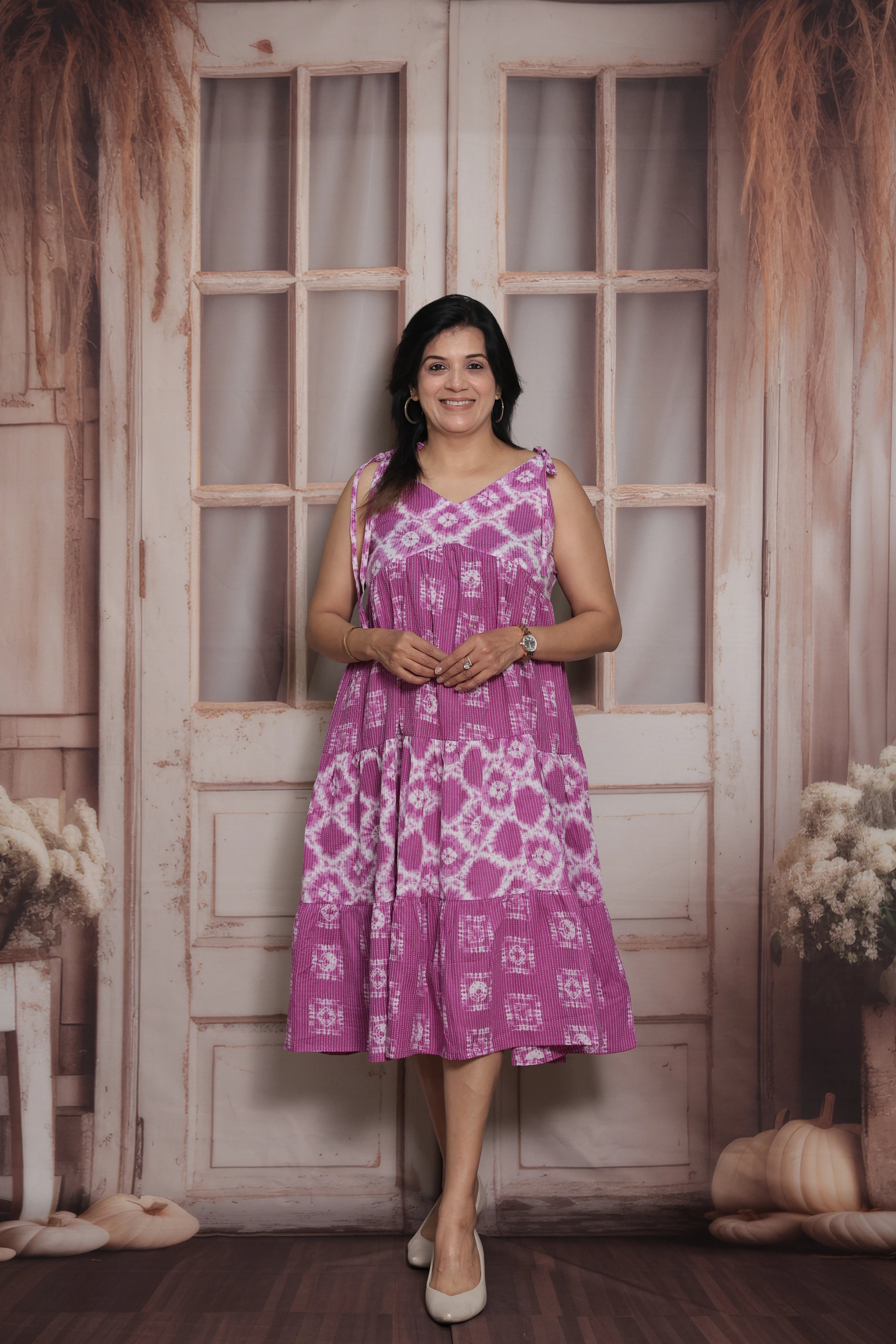 Dark Magenta Sleeveless Long Tunic Dress | Cotton | Shibori Print