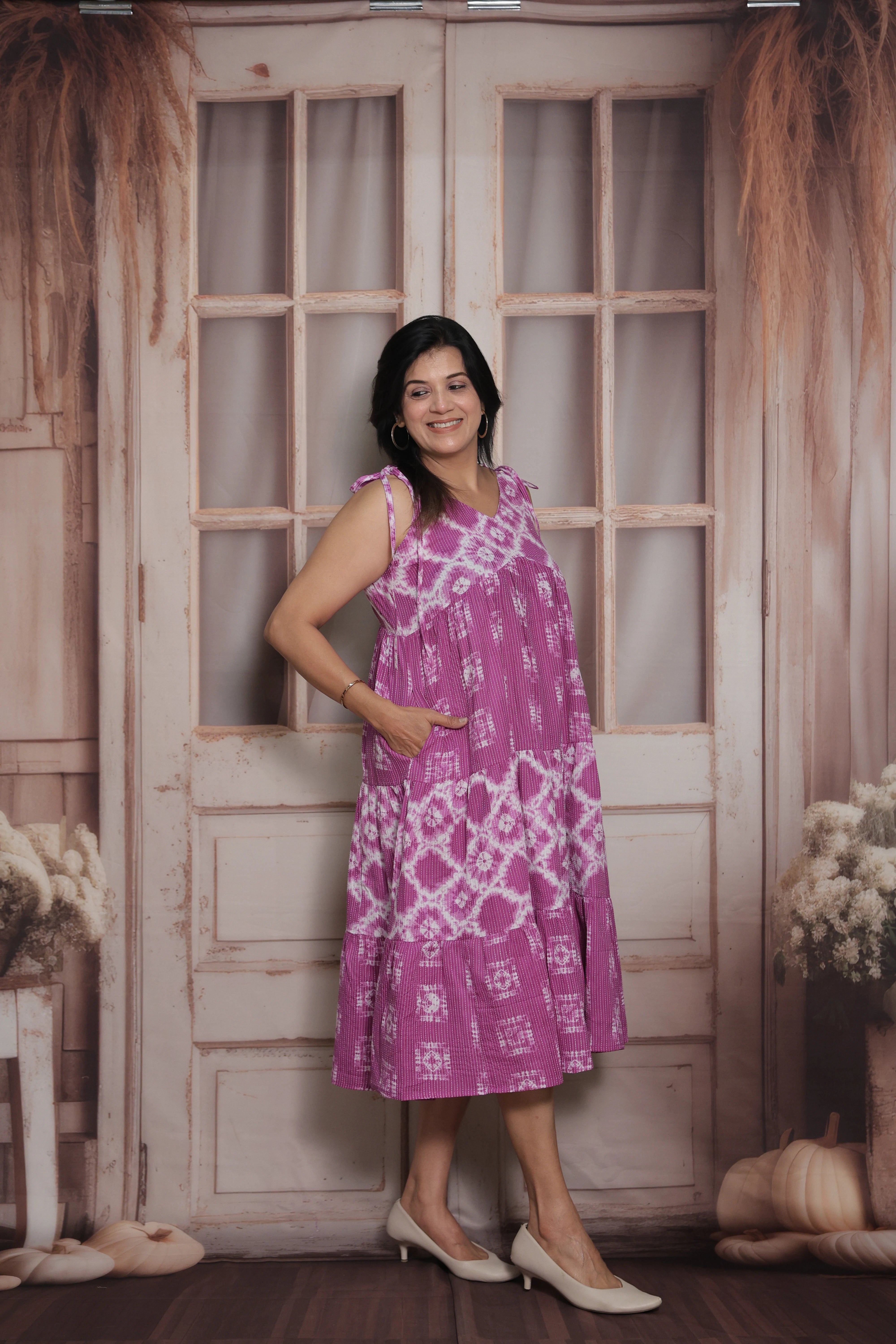 Dark Magenta Sleeveless Long Tunic Dress | Cotton | Shibori Print