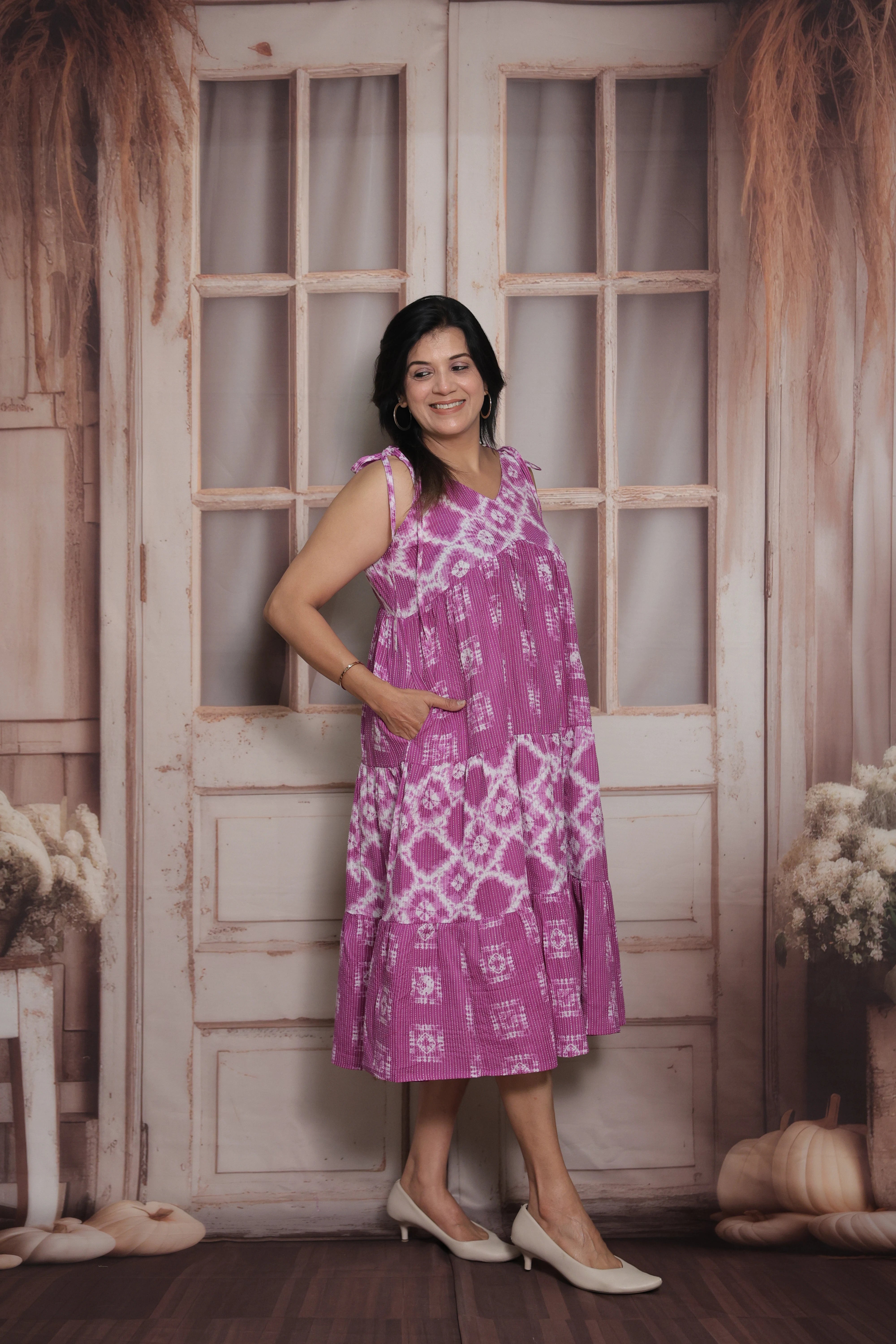 Dark Magenta Sleeveless Long Tunic Dress | Cotton | Shibori Print
