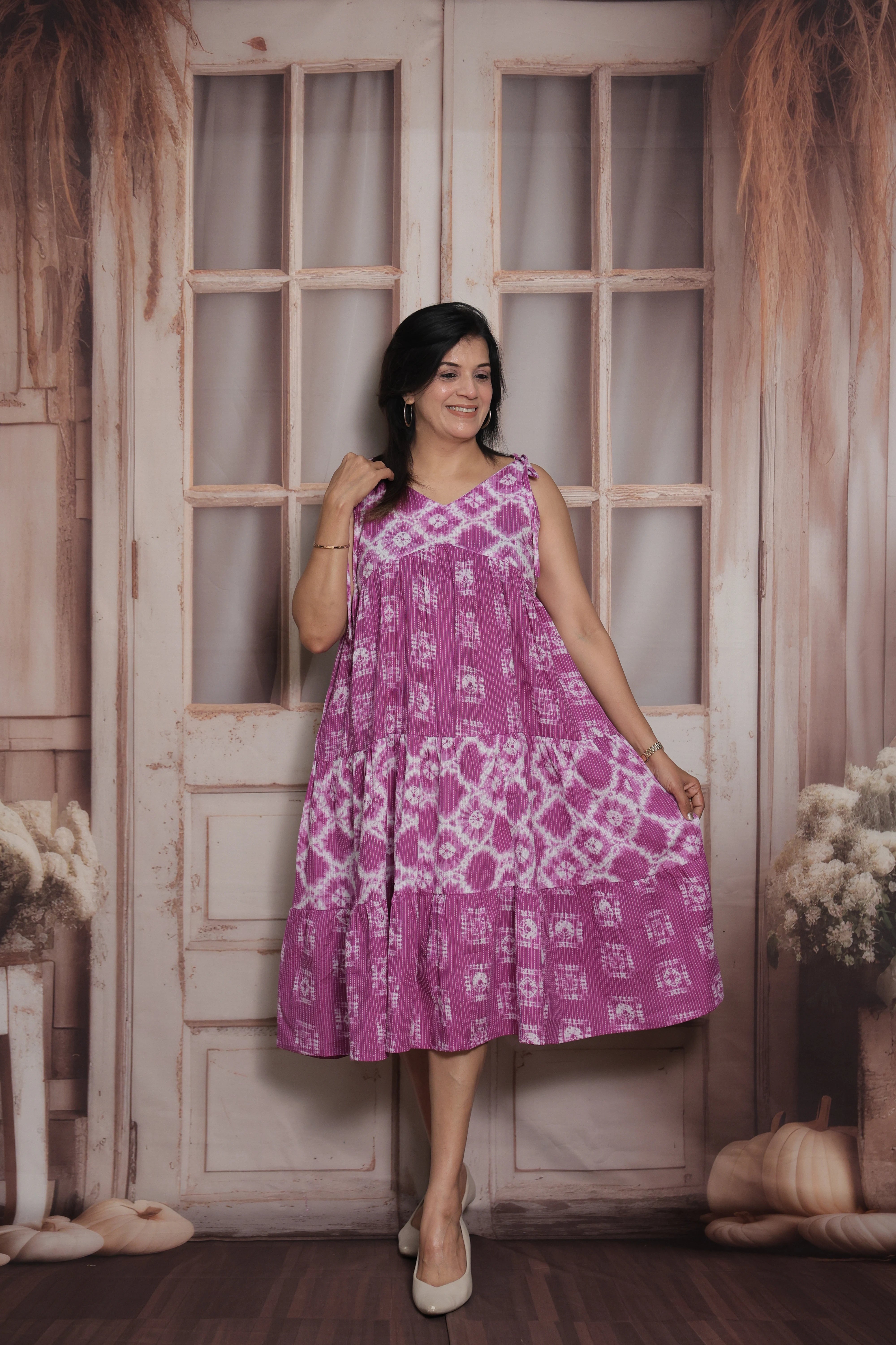 Dark Magenta Sleeveless Long Tunic Dress | Cotton | Shibori Print