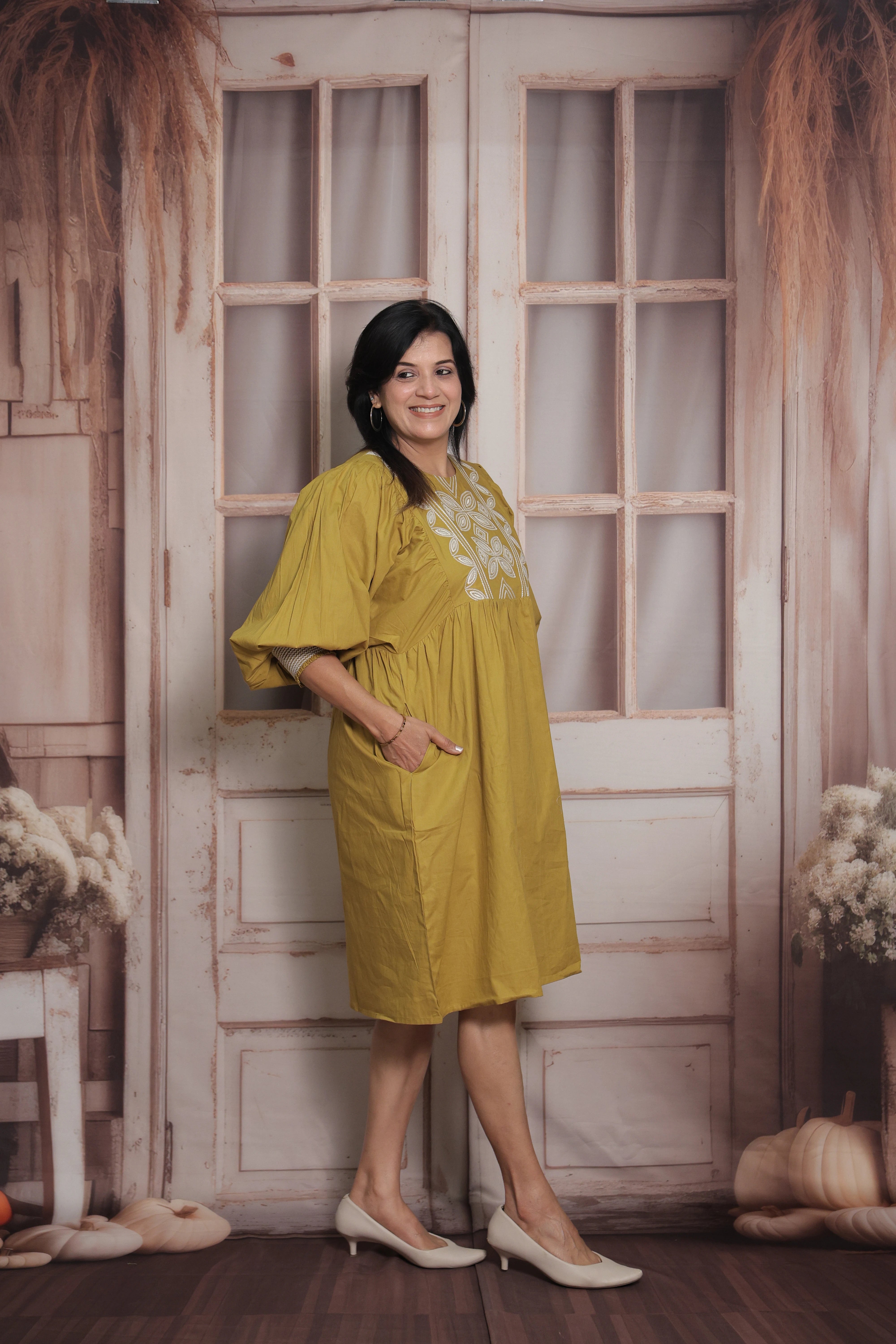 Old Gold Tunic Dress | Cotton | Thread Embroidery
