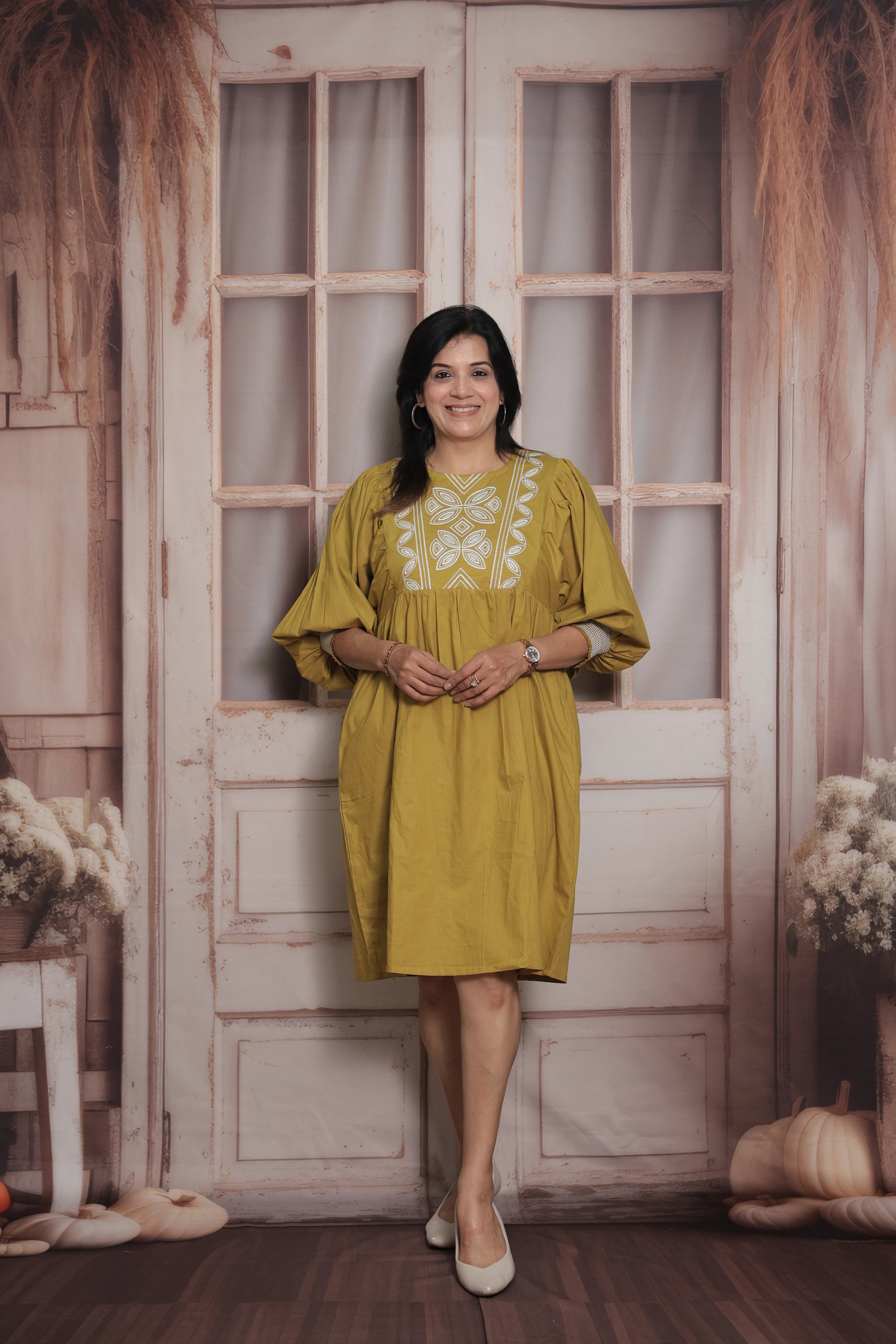 Old Gold Tunic Dress | Cotton | Thread Embroidery