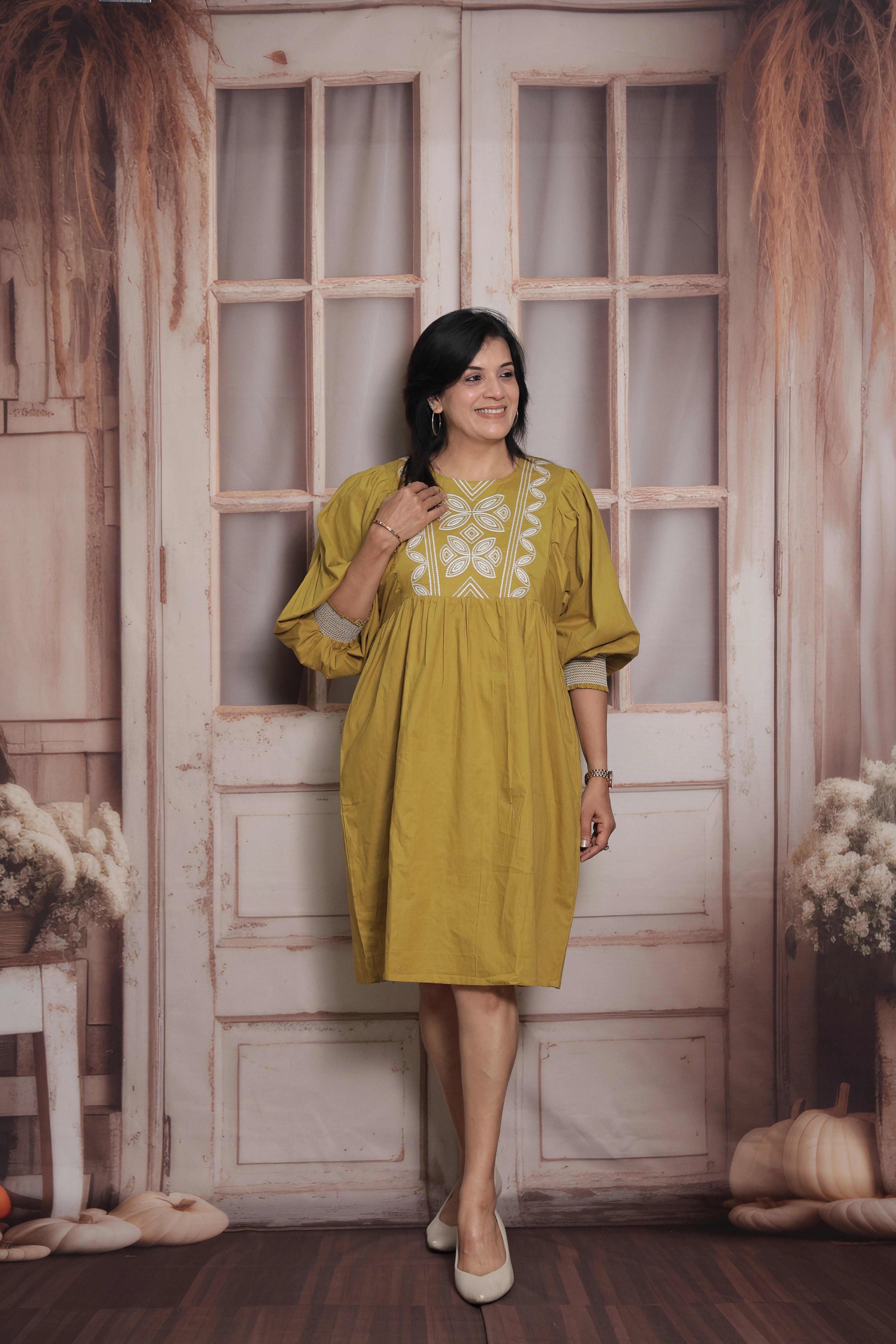 Old Gold Tunic Dress | Cotton | Thread Embroidery