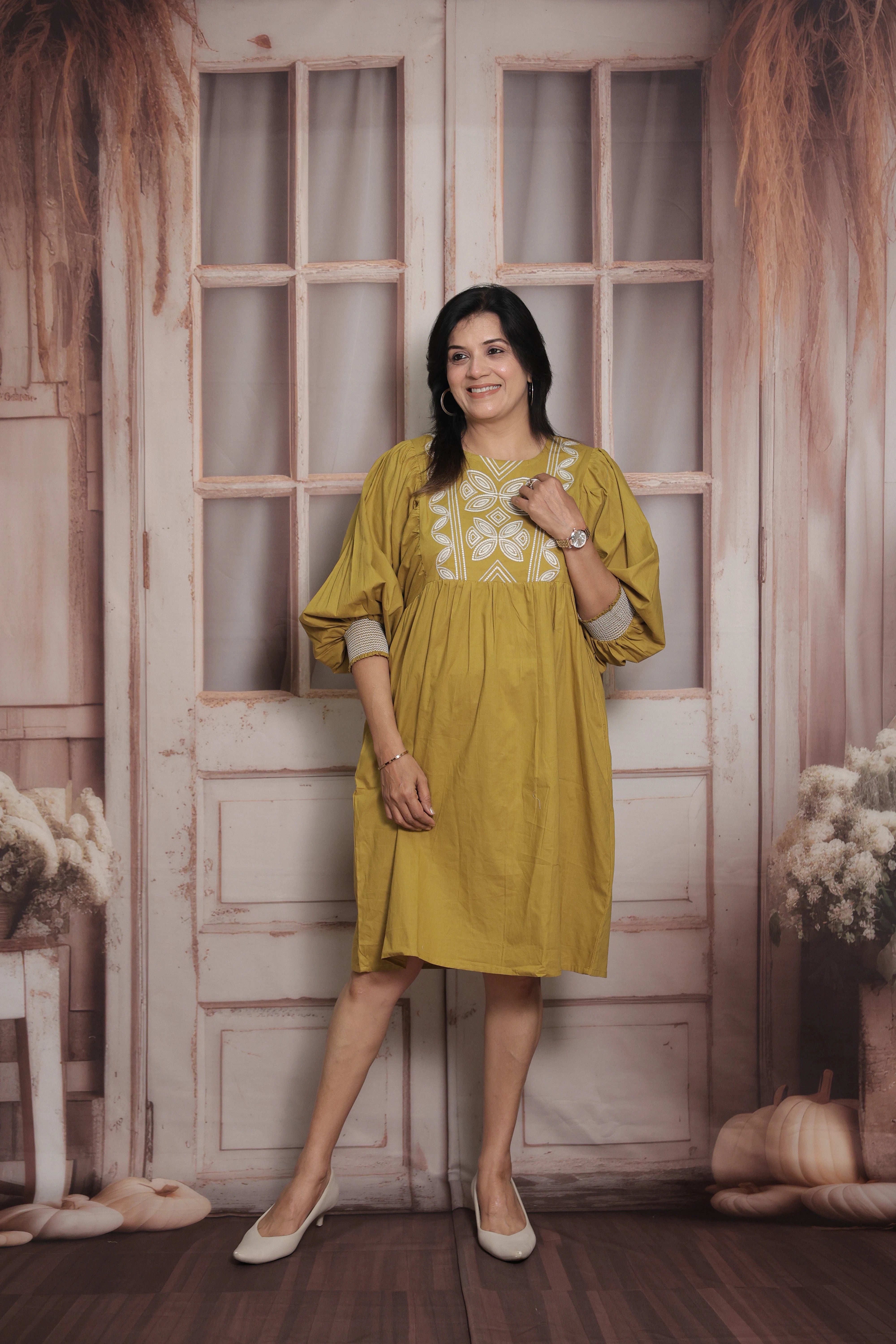 Old Gold Tunic Dress | Cotton | Thread Embroidery