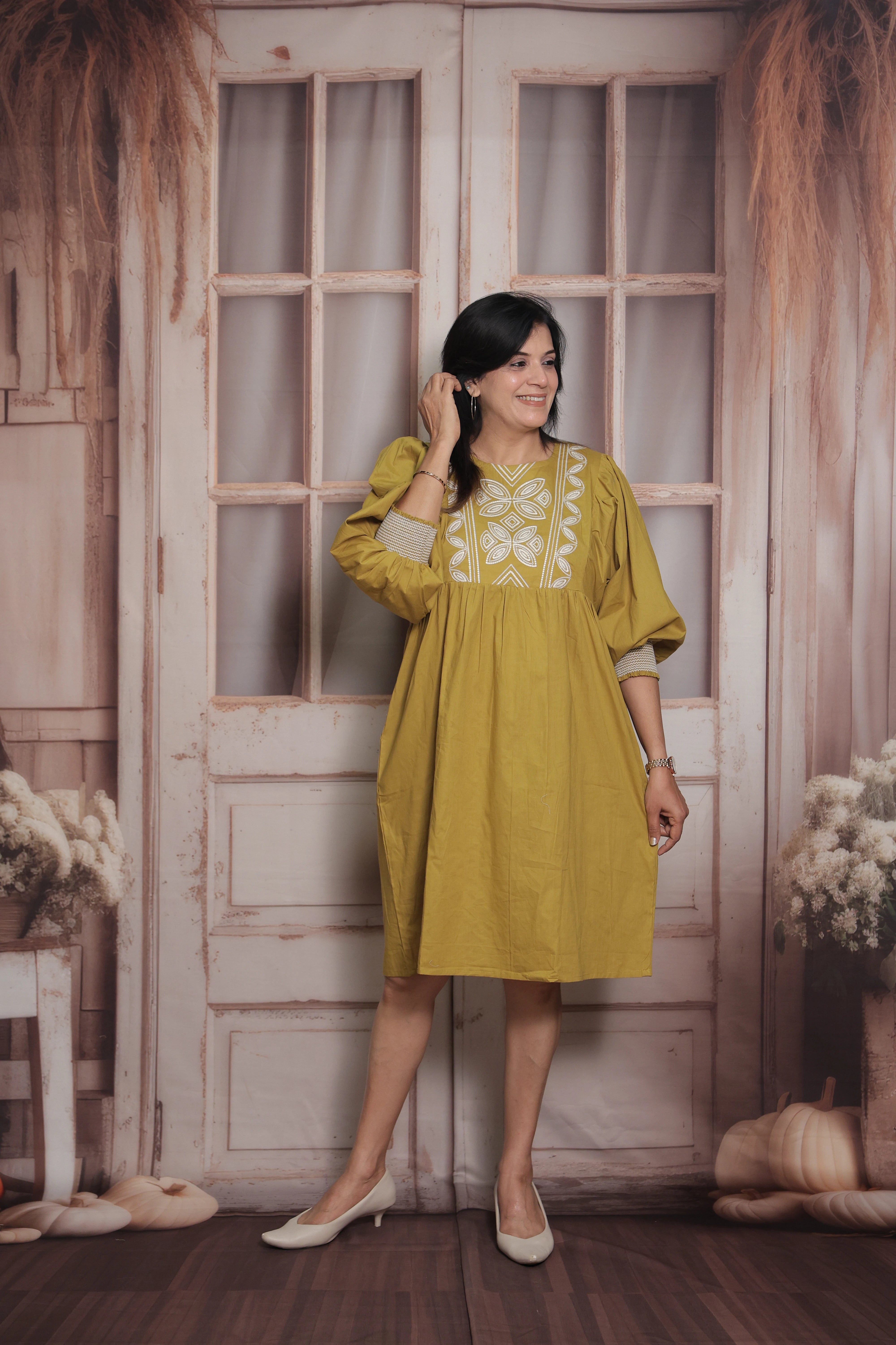 Old Gold Tunic Dress | Cotton | Thread Embroidery