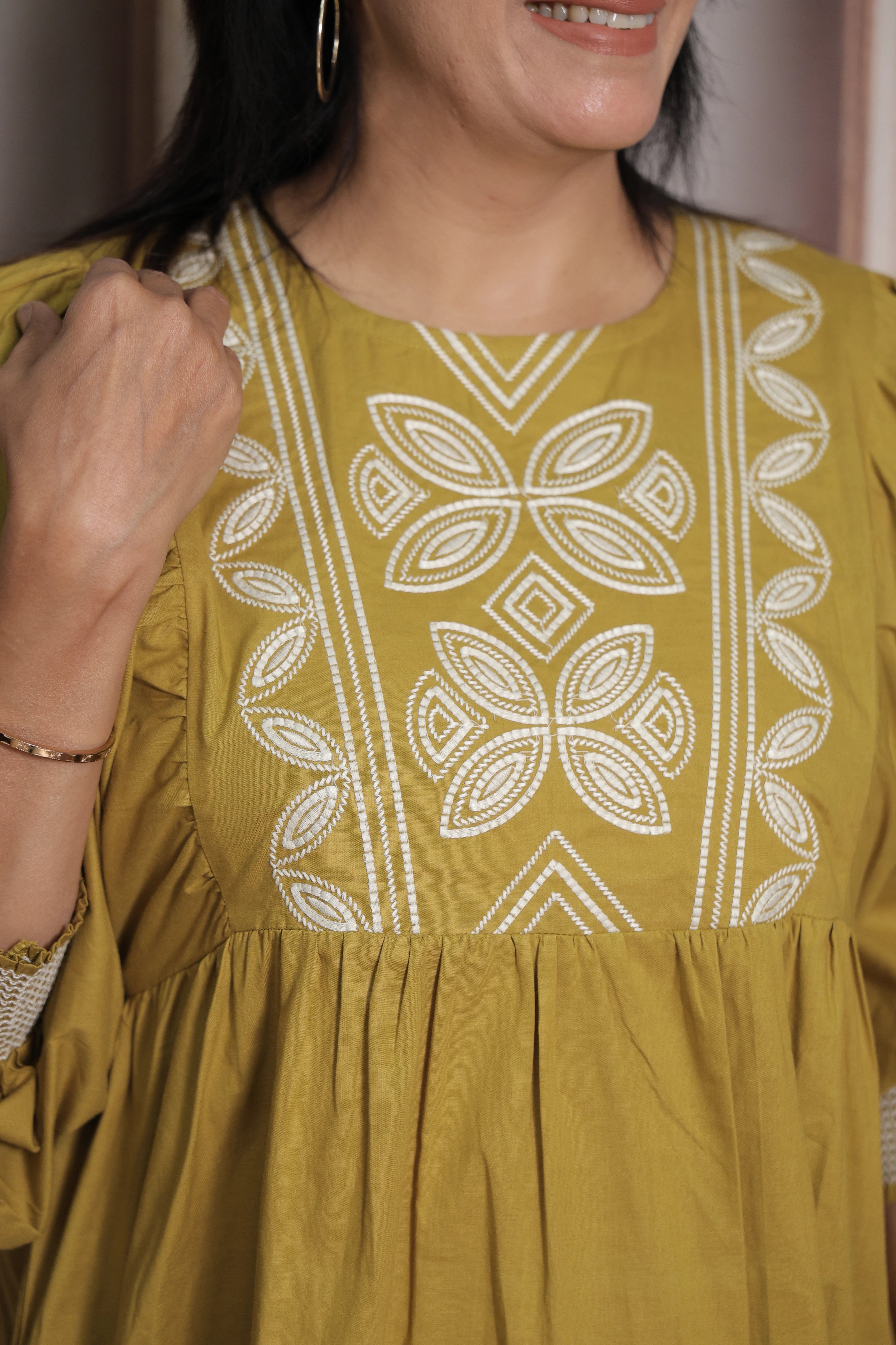 Old Gold Tunic Dress | Cotton | Thread Embroidery