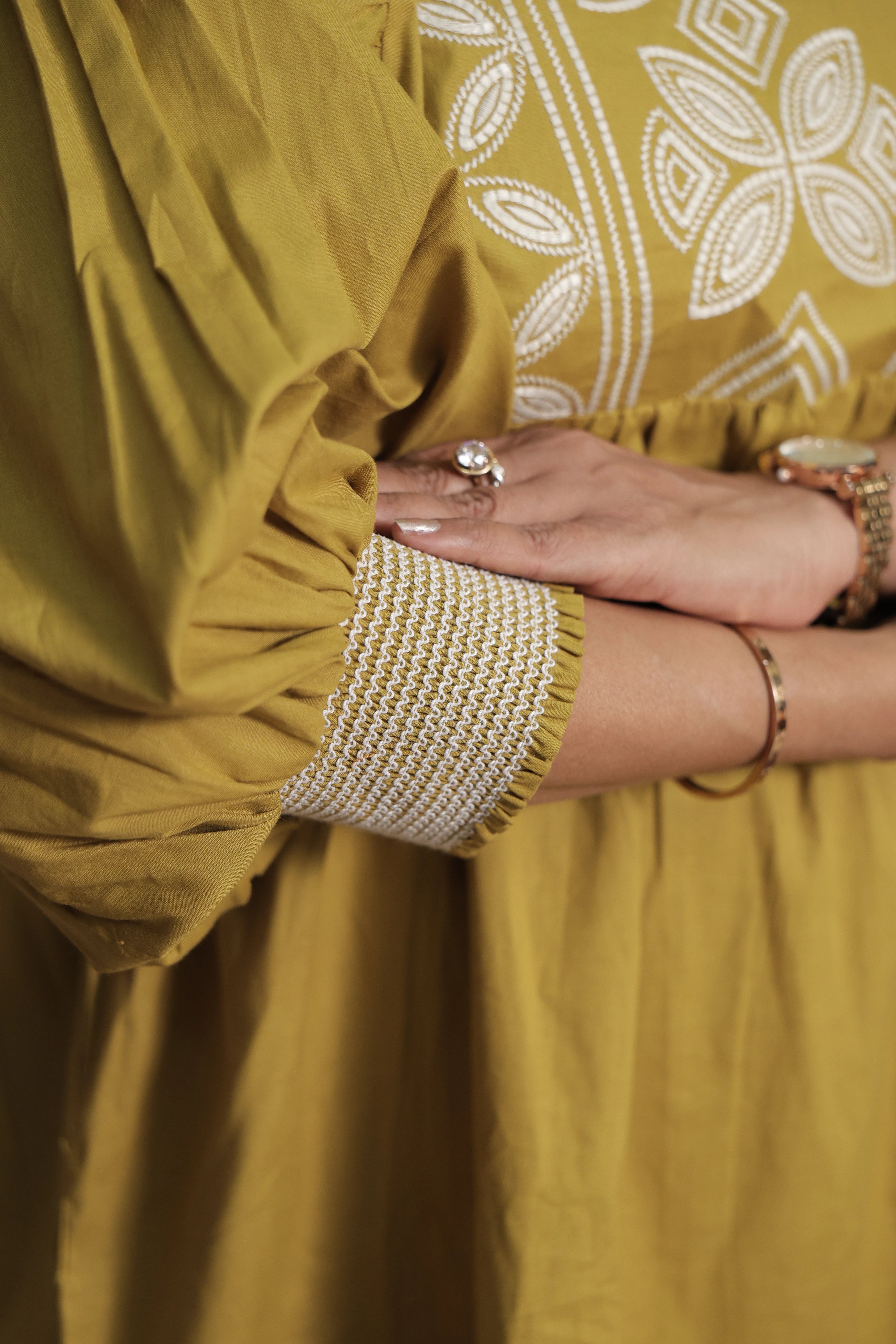 Old Gold Tunic Dress | Cotton | Thread Embroidery
