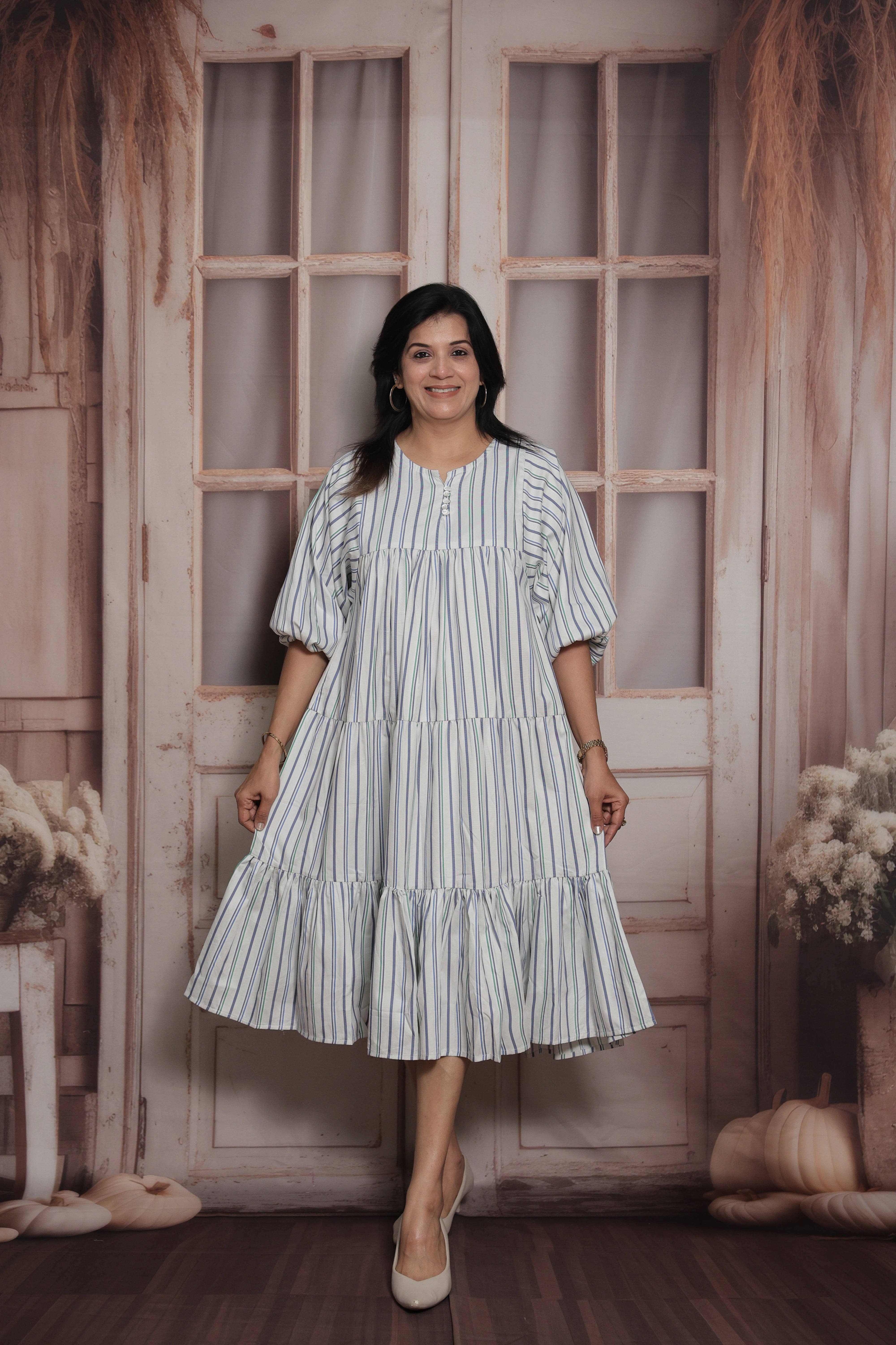 White Stripe Print Long Tunic Dress | Cotton |No-Shoulder Balloon Sleeves