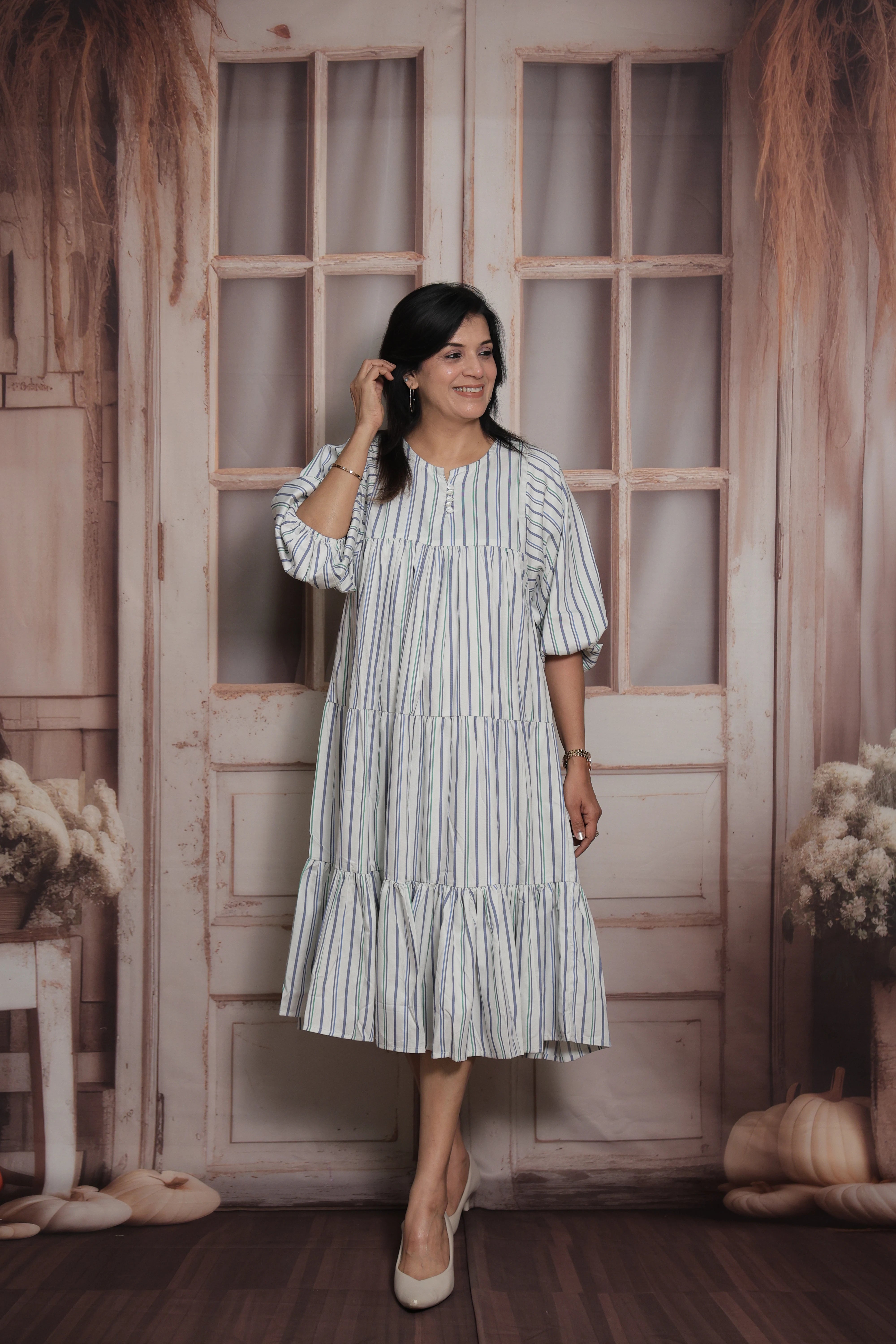 White Stripe Print Long Tunic Dress | Cotton |No-Shoulder Balloon Sleeves