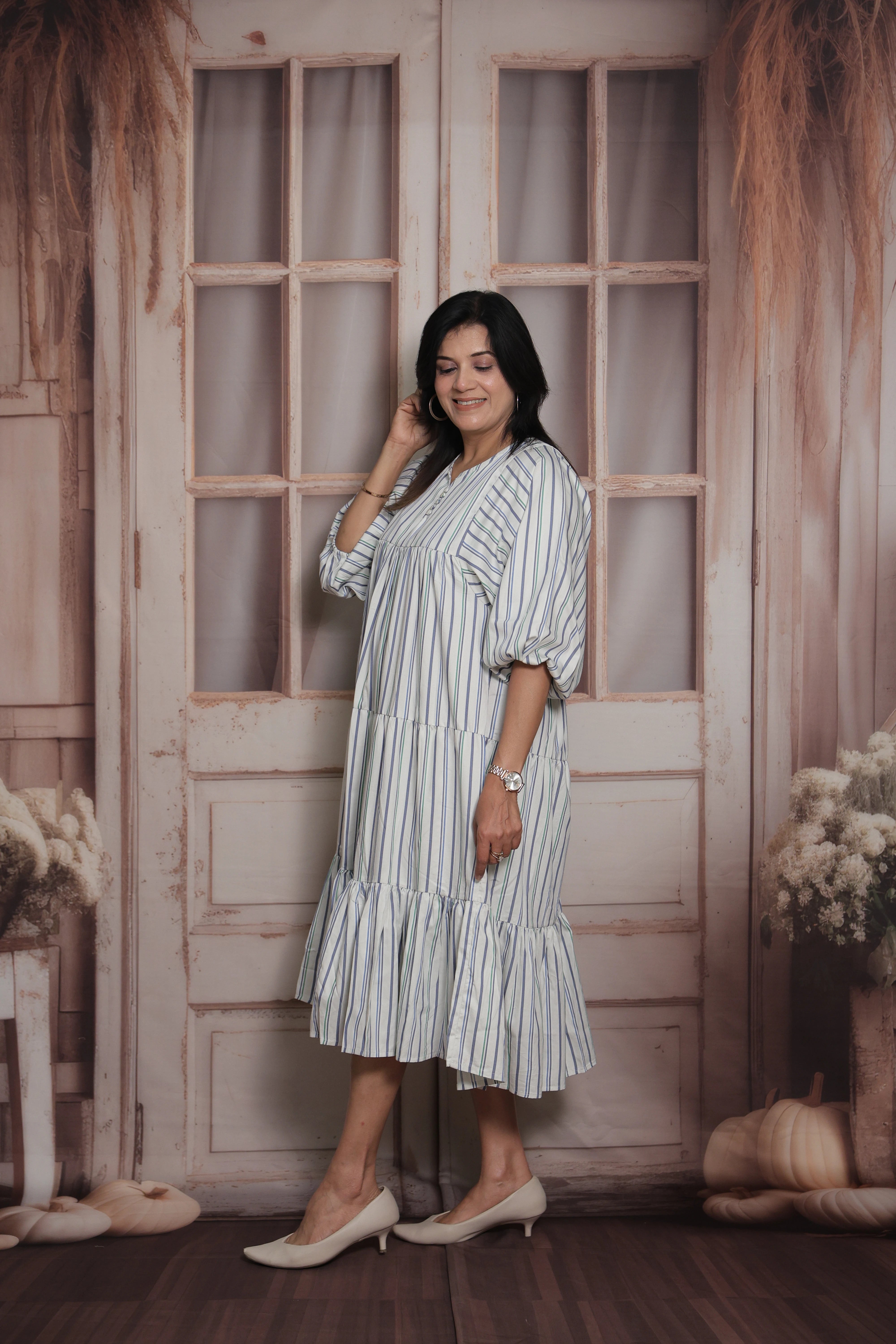 White Stripe Print Long Tunic Dress | Cotton |No-Shoulder Balloon Sleeves