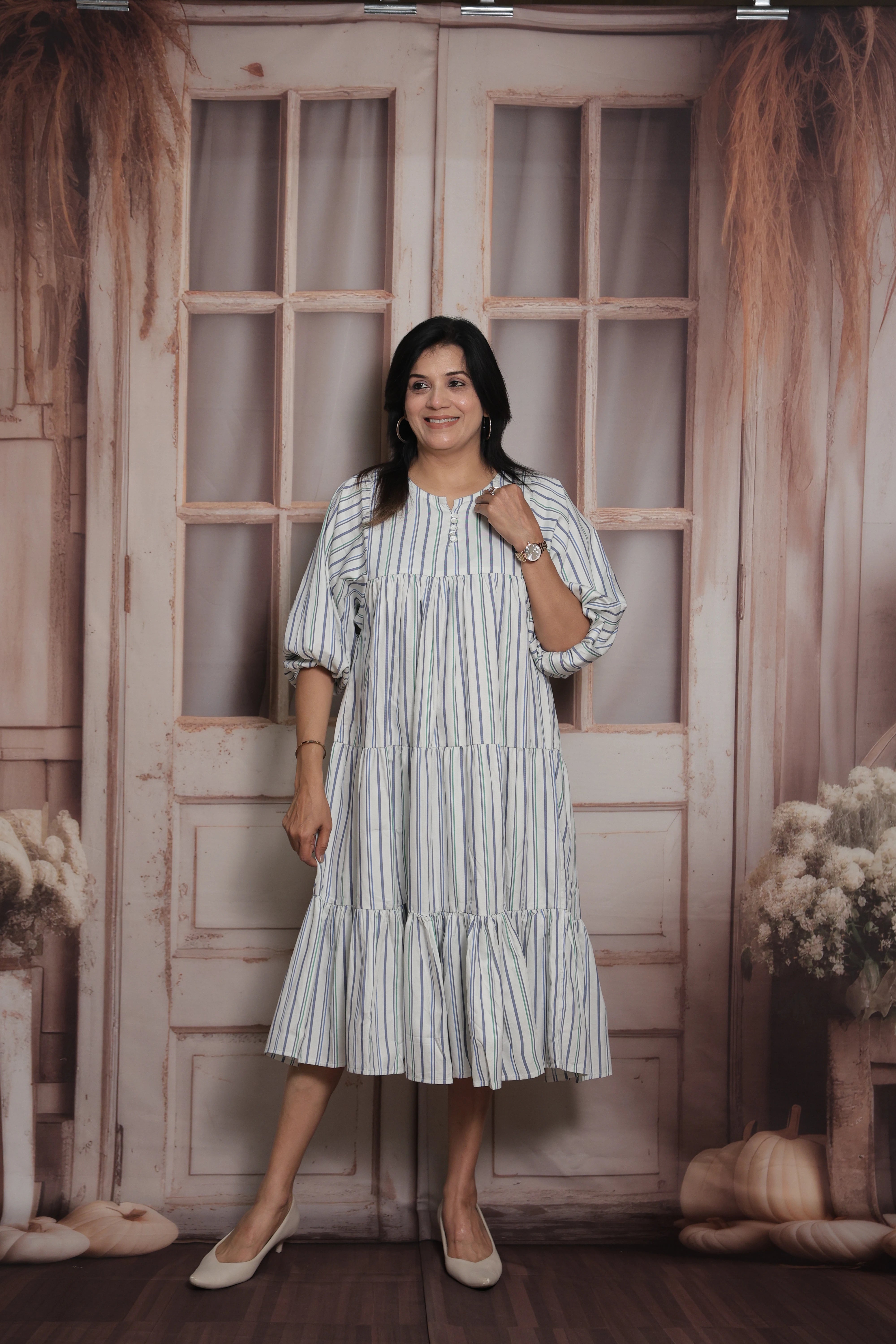 White Stripe Print Long Tunic Dress | Cotton |No-Shoulder Balloon Sleeves