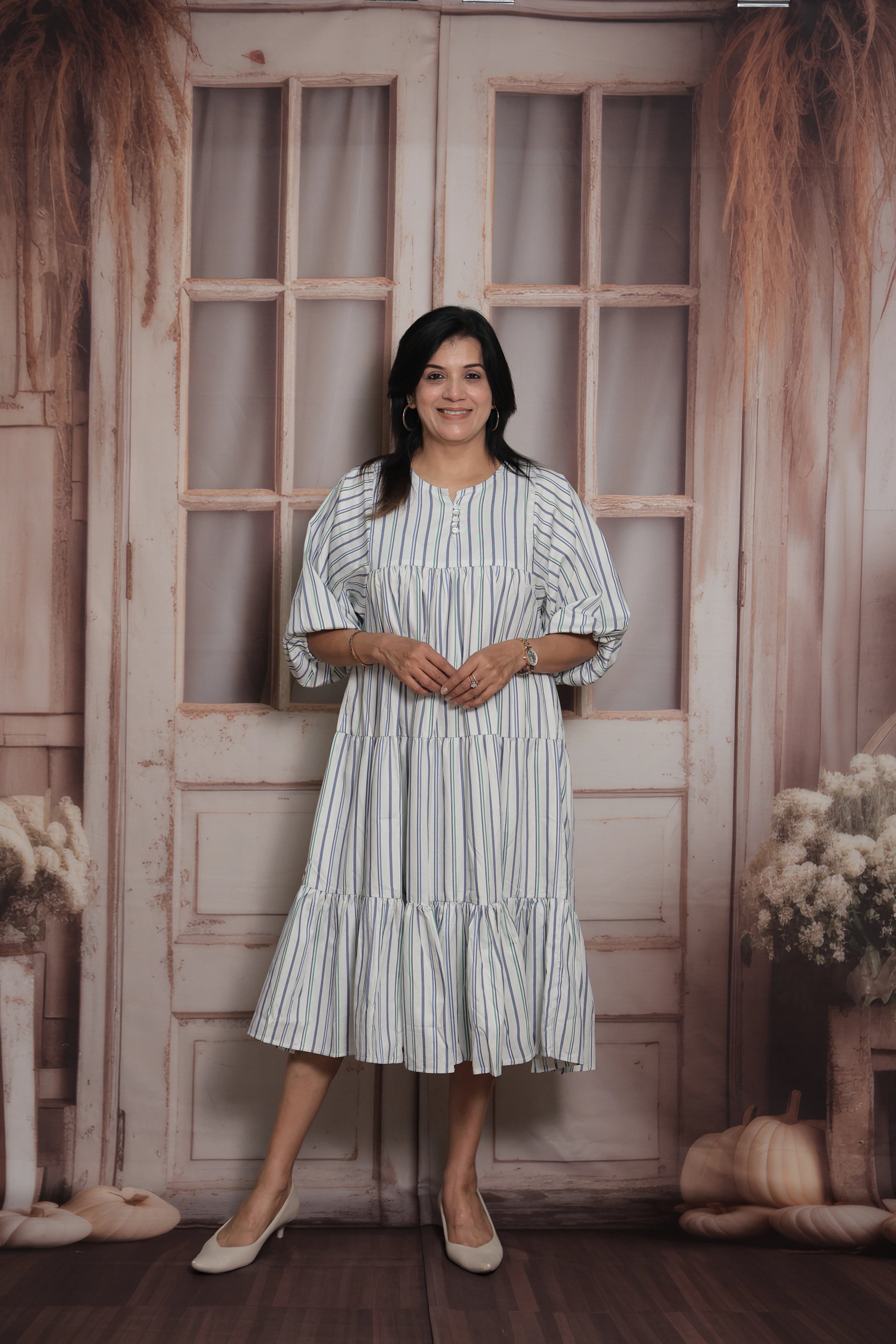 White Stripe Print Long Tunic Dress | Cotton |No-Shoulder Balloon Sleeves