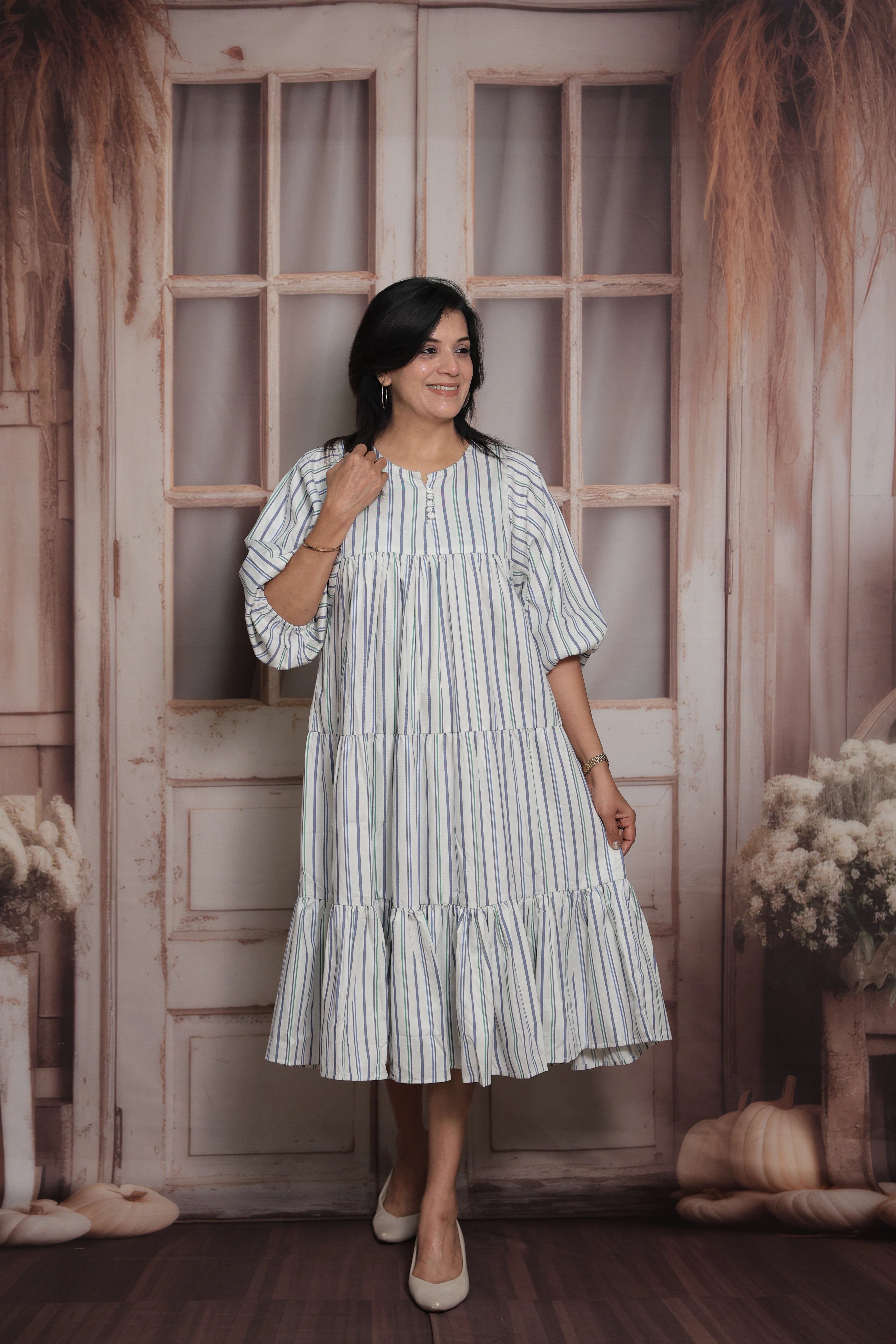 White Stripe Print Long Tunic Dress | Cotton |No-Shoulder Balloon Sleeves