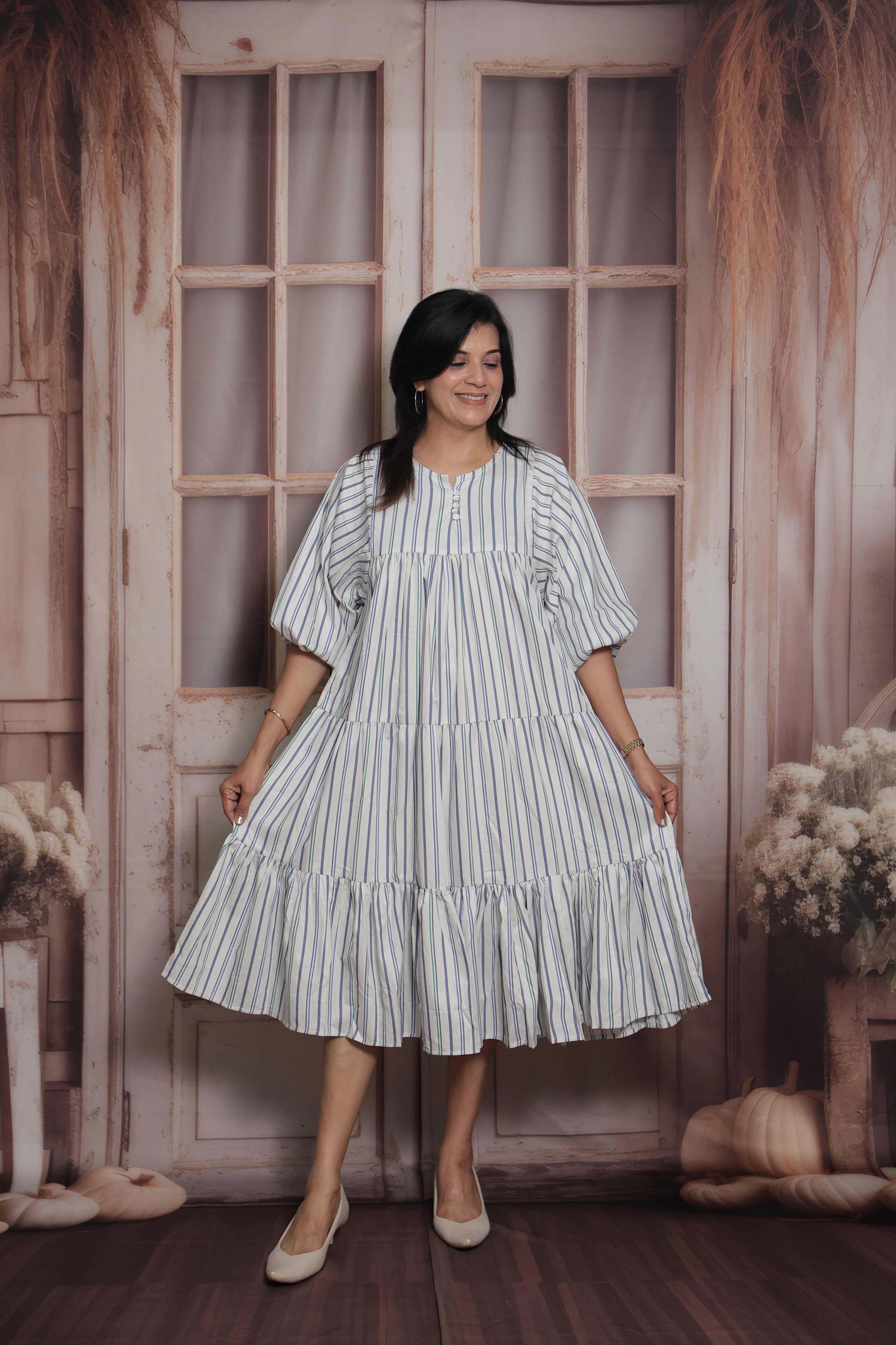 White Stripe Print Long Tunic Dress | Cotton |No-Shoulder Balloon Sleeves